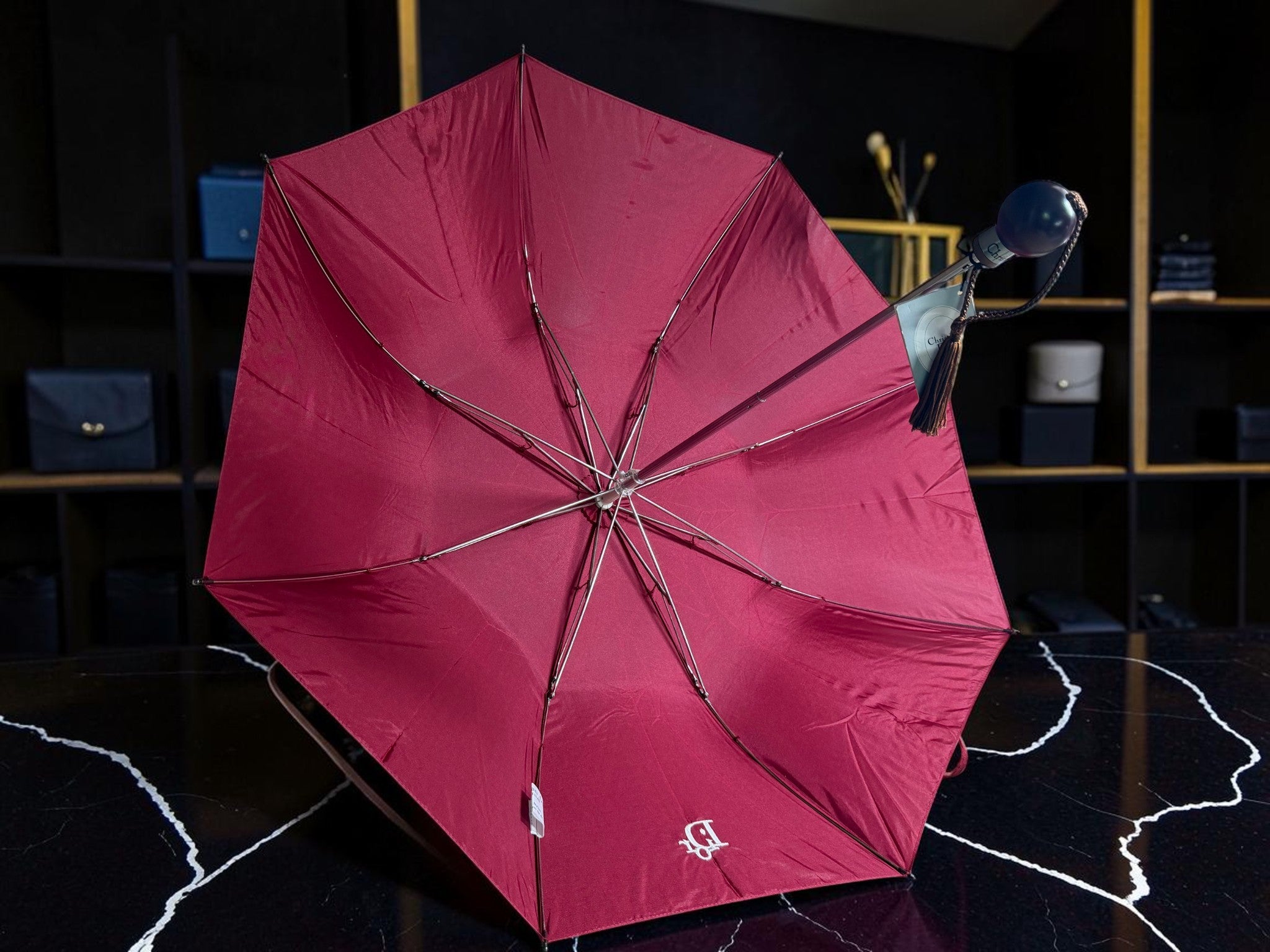 Christian Dior Crimson Wooden Ball and Tassel Handle Umbrella (New with Tags)