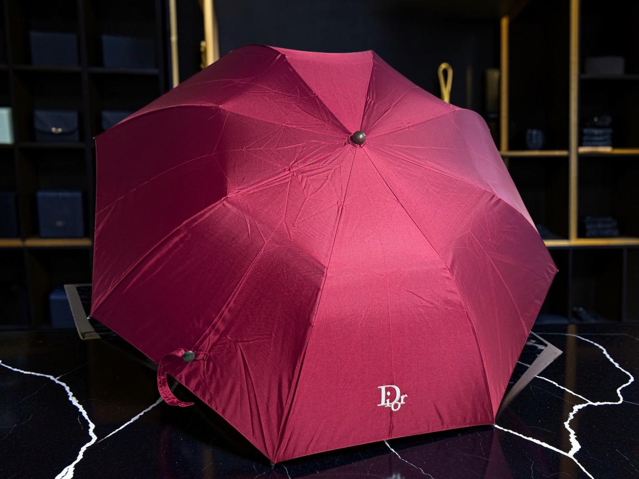 Christian Dior Crimson Wooden Ball and Tassel Handle Umbrella (New with Tags)