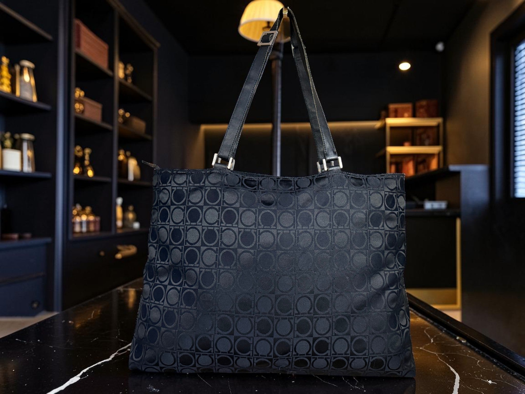 Salvatore Ferragamo Gancini Monogram East-West Canvas Tote Bag (AU-21 0867).