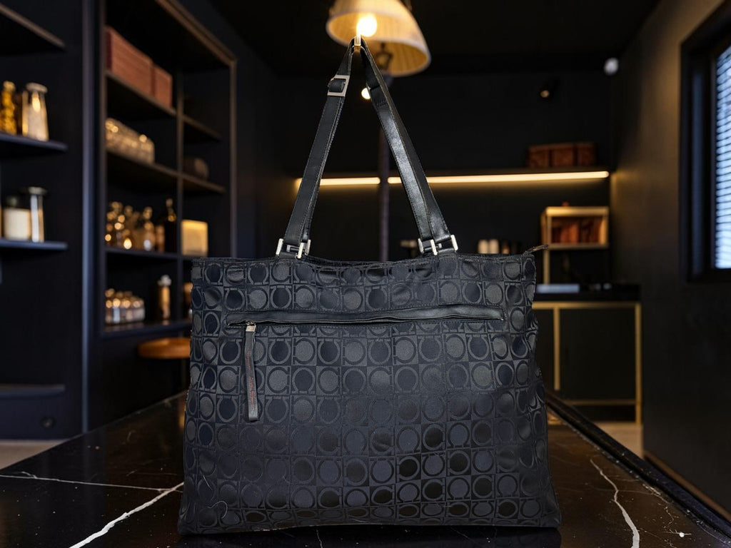 Salvatore Ferragamo Gancini Monogram East-West Canvas Tote Bag (AU-21 0867).