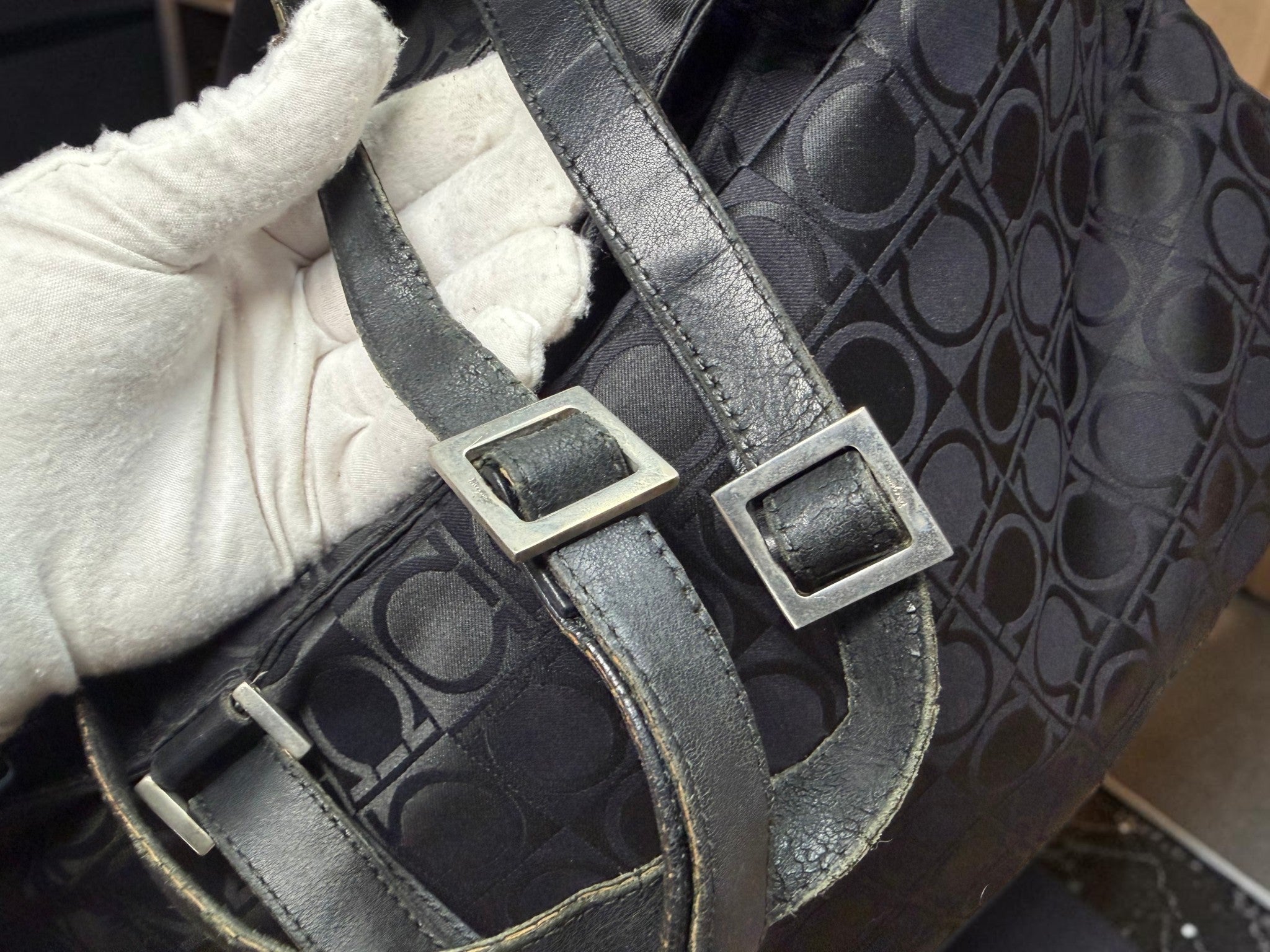 Salvatore Ferragamo Gancini Monogram East-West Canvas Tote Bag (AU-21 0867).