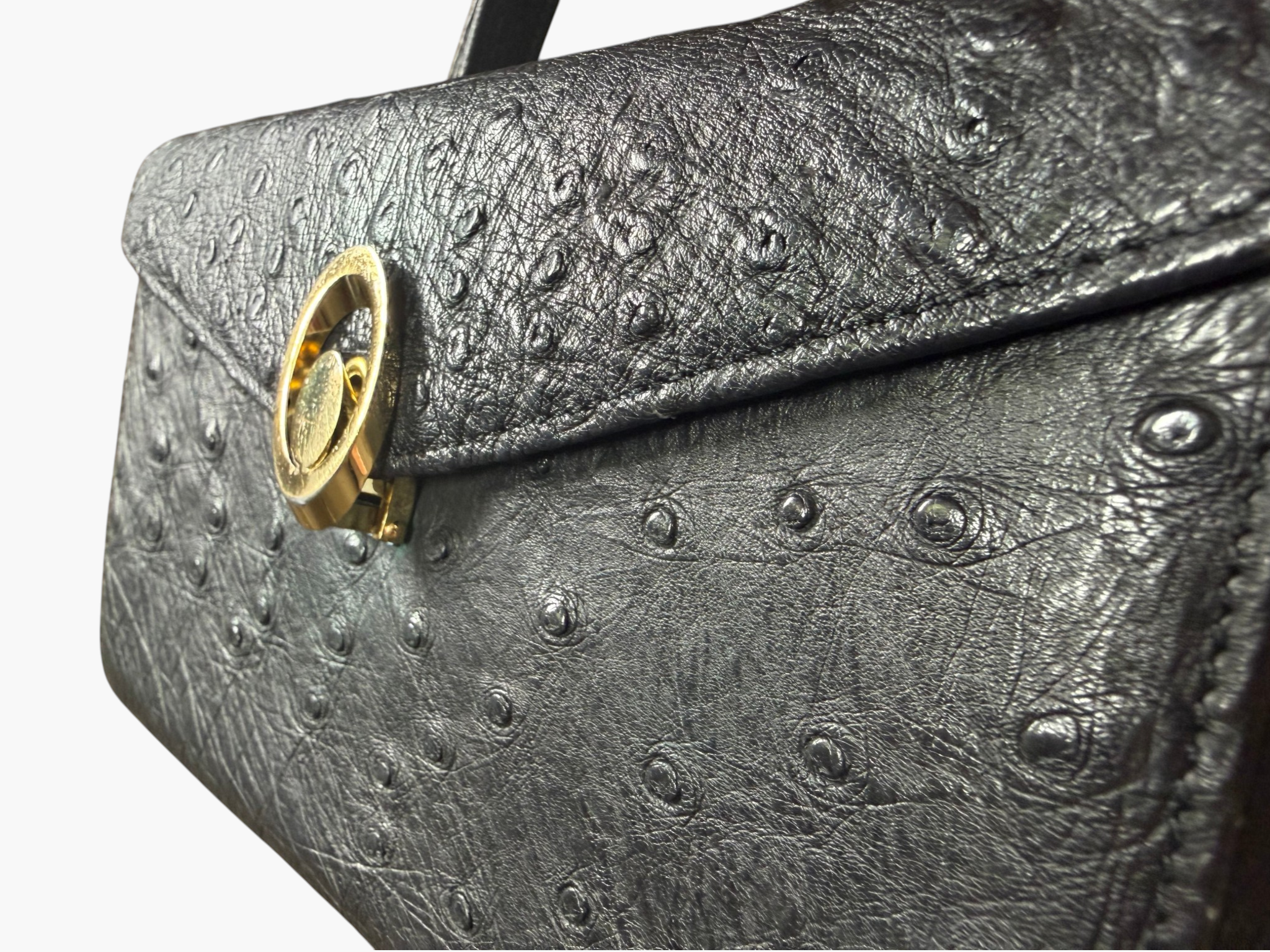 Vintage Genuine Ostrich Leather Top Handle Vanity Bag