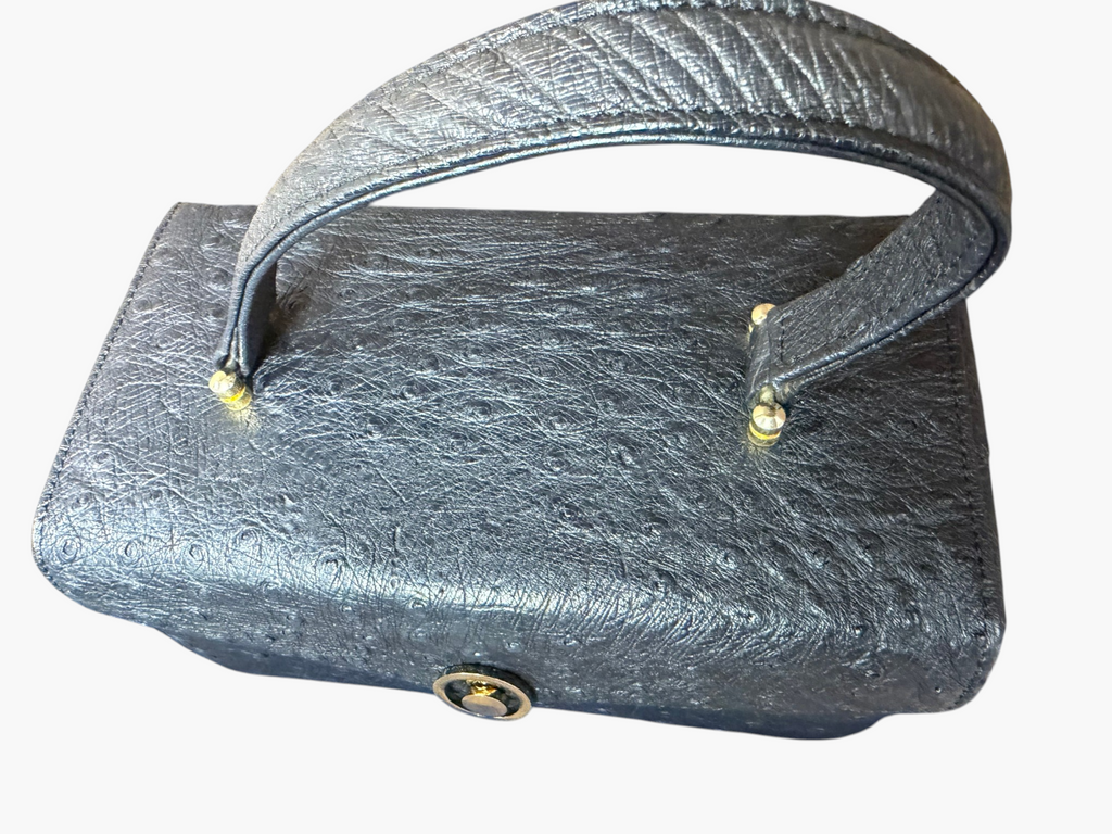 Vintage Genuine Ostrich Leather Top Handle Vanity Bag