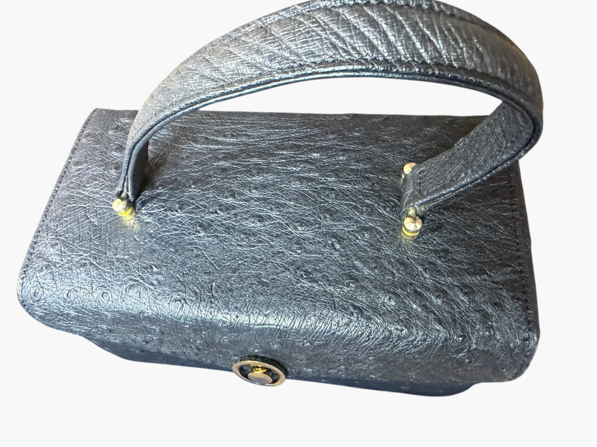 Vintage Genuine Ostrich Leather Top Handle Vanity Bag