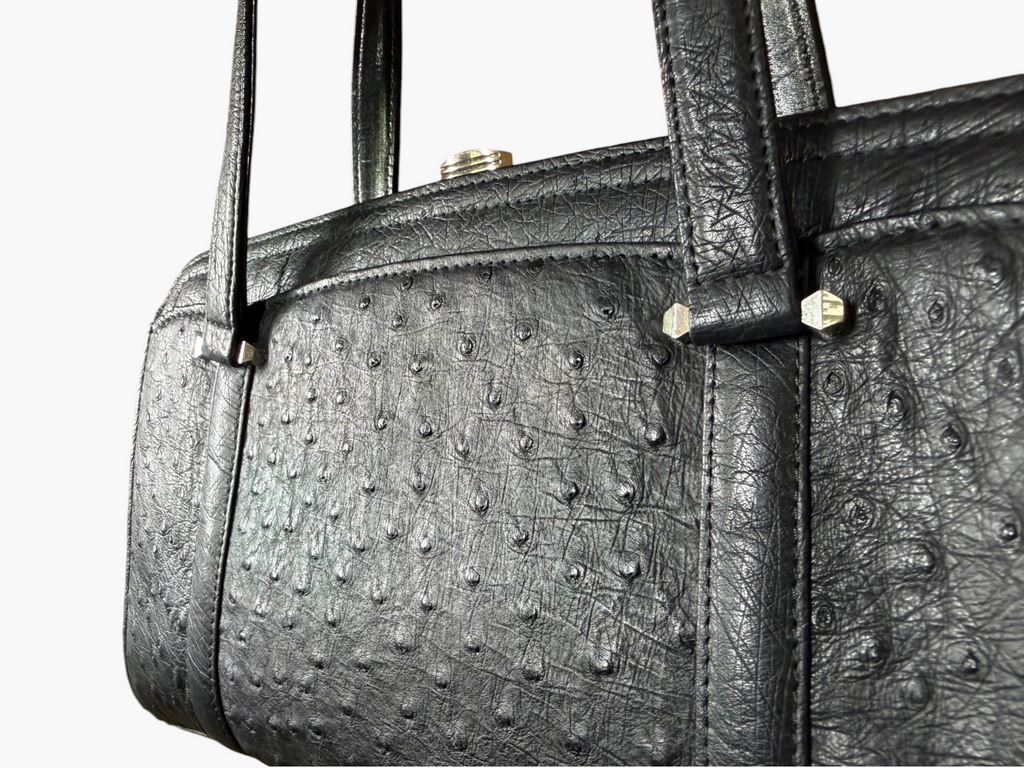 Vintage Genuine Ostrich Leather Silver Framed Handbag