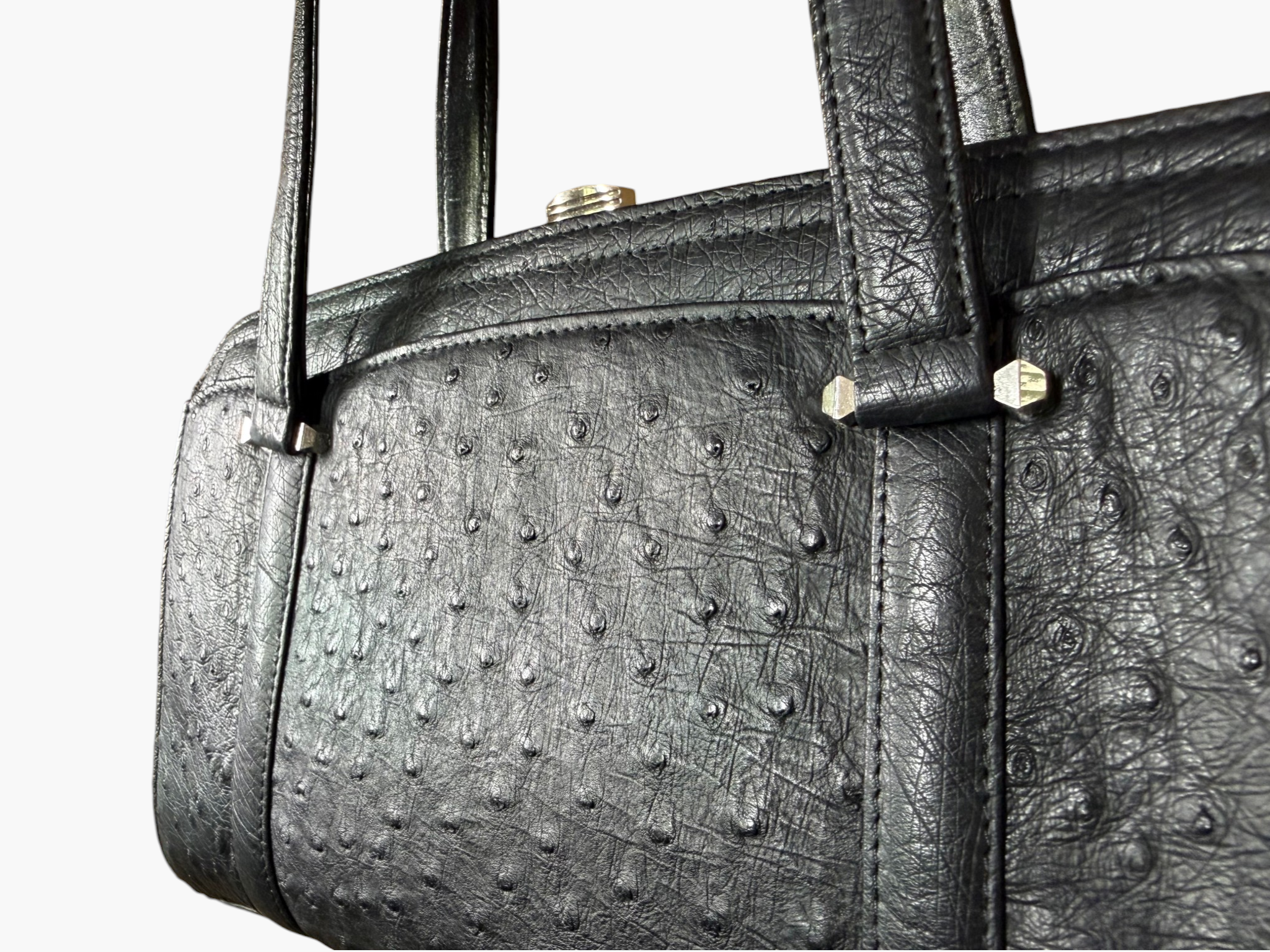 Vintage Genuine Ostrich Leather Silver Framed Handbag