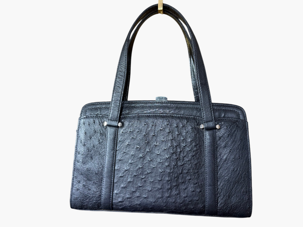 Vintage Genuine Ostrich Leather Silver Framed Handbag