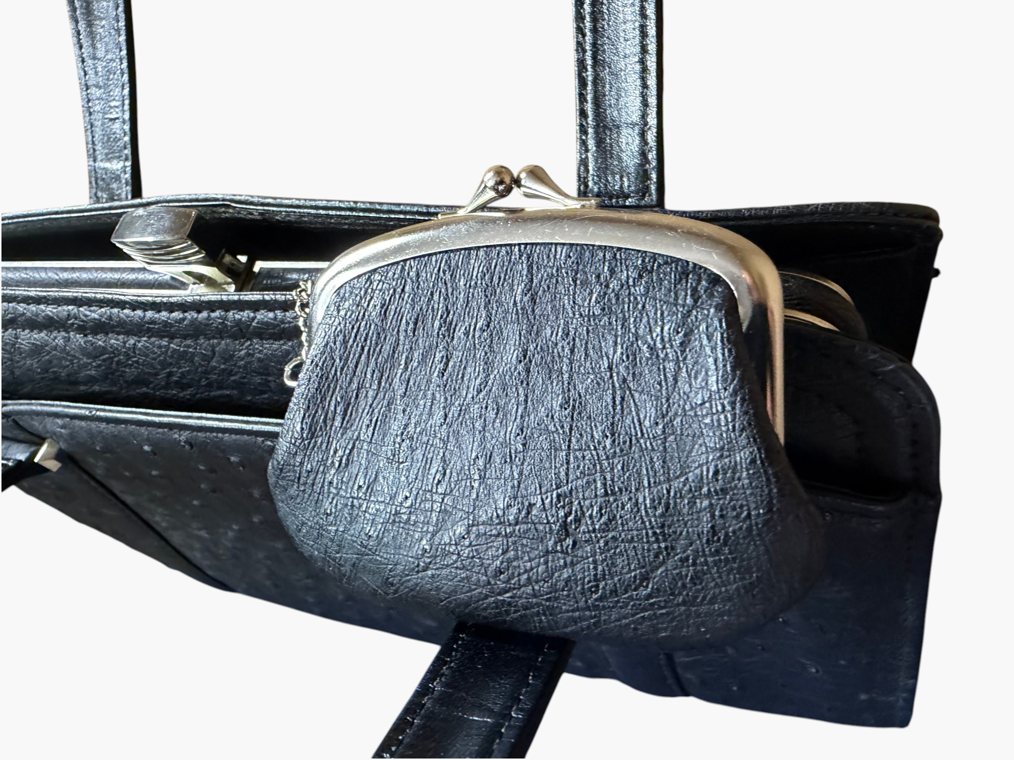 Vintage Genuine Ostrich Leather Silver Framed Handbag