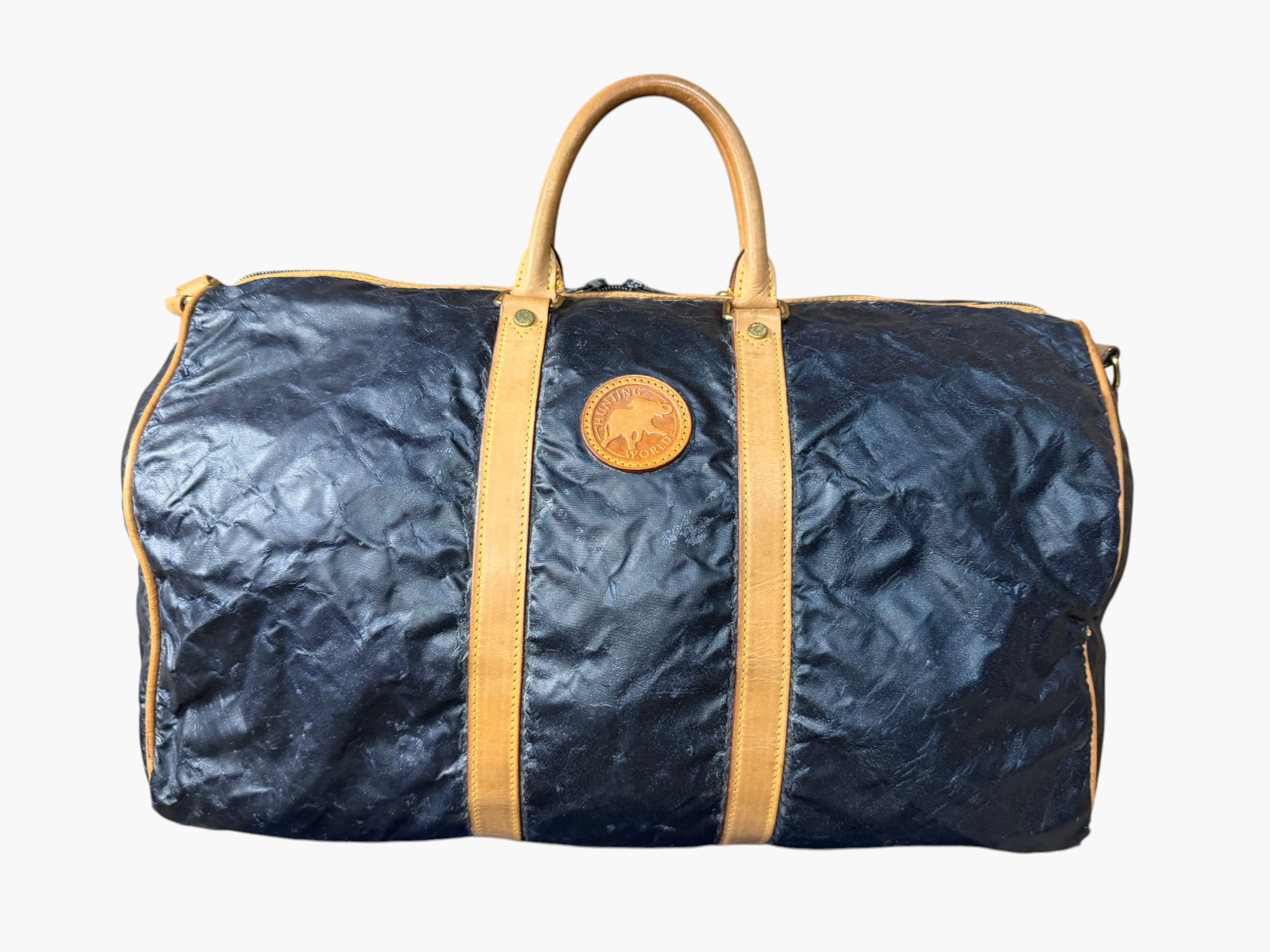 Hunting World Vintage Navy Coated Nylon Duffel / Boston Bag c.1993