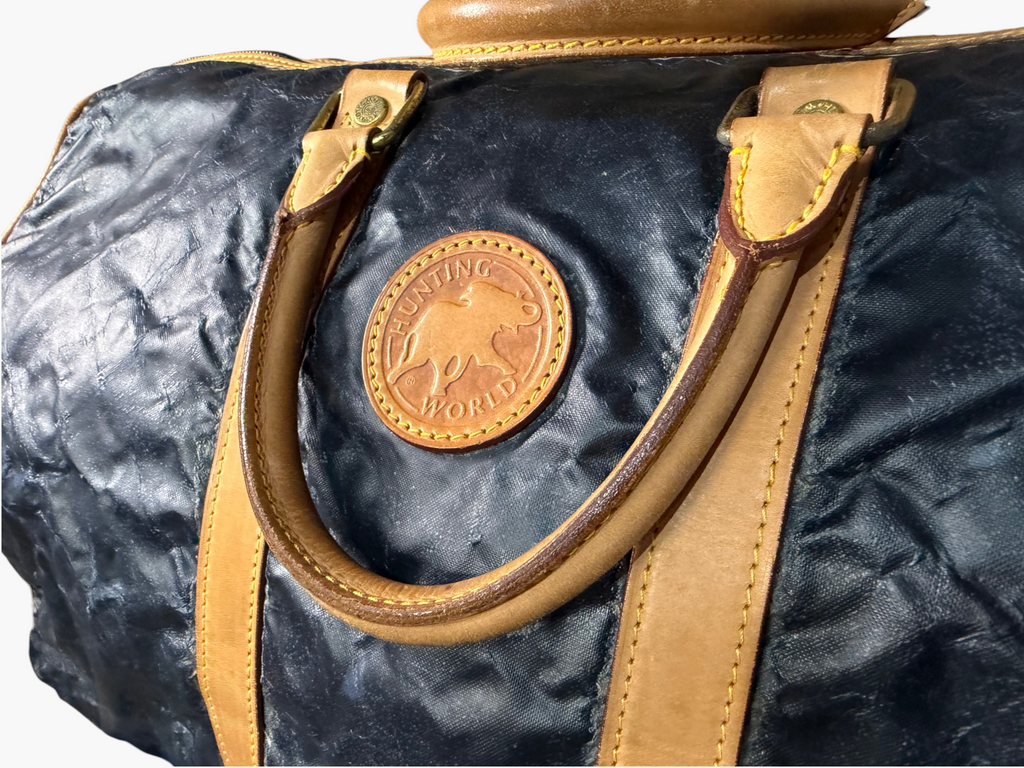 Hunting World Vintage Navy Coated Nylon Duffel / Boston Bag c.1993