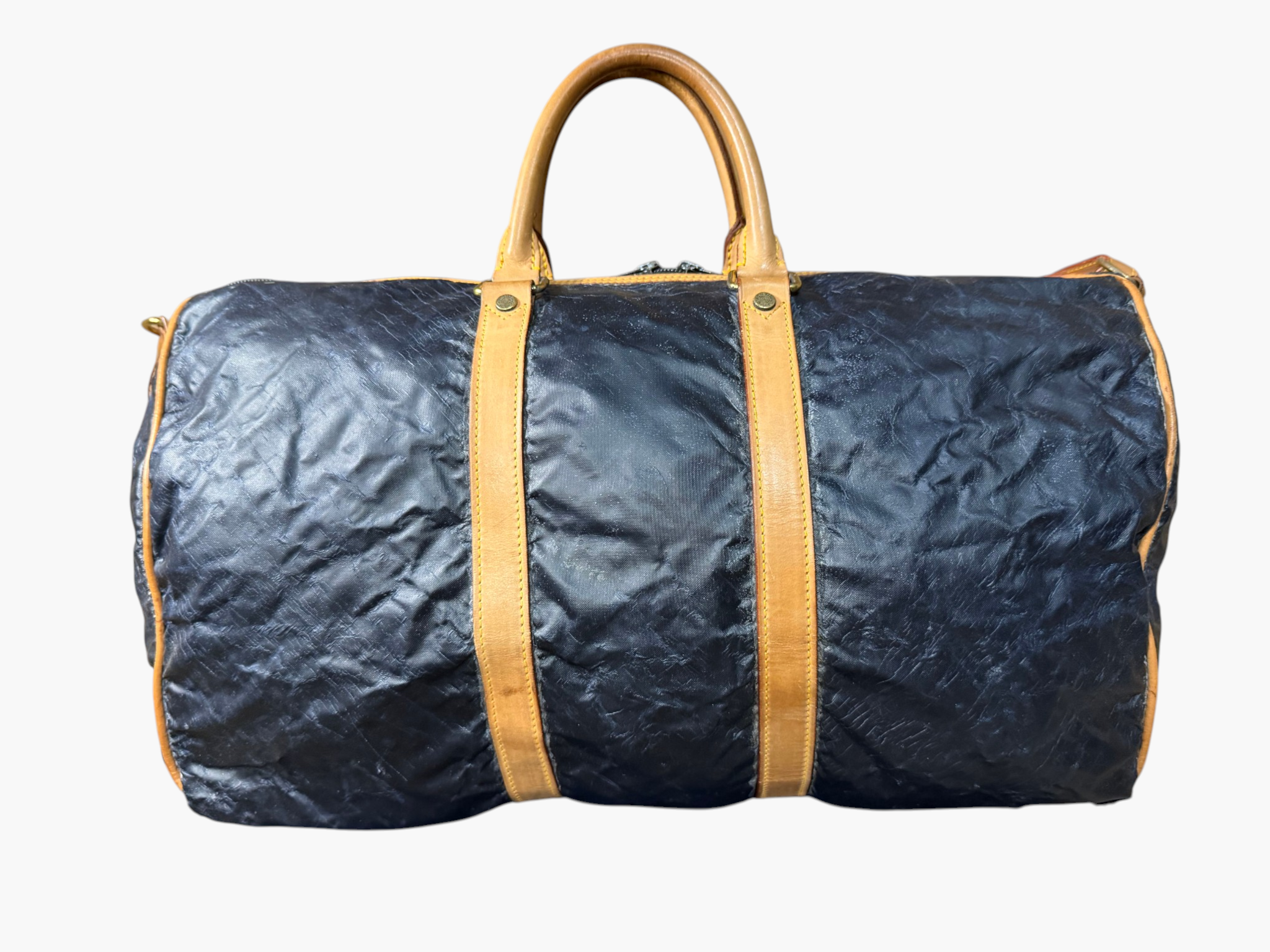 Hunting World Vintage Navy Coated Nylon Duffel / Boston Bag c.1993