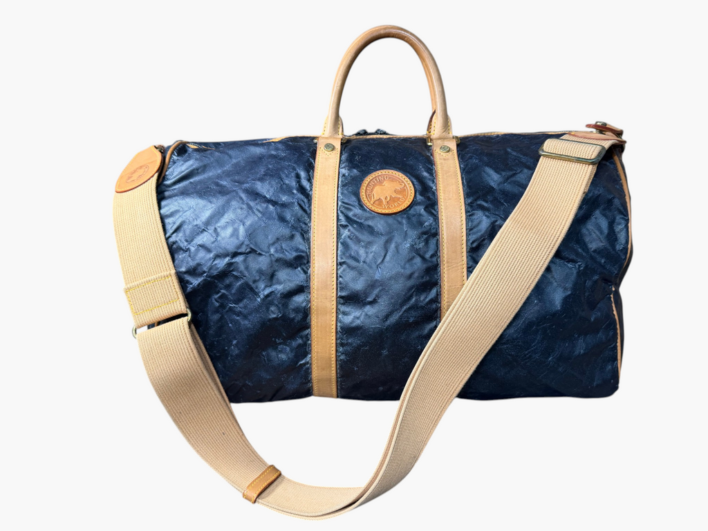 Hunting World Vintage Navy Coated Nylon Duffel / Boston Bag c.1993