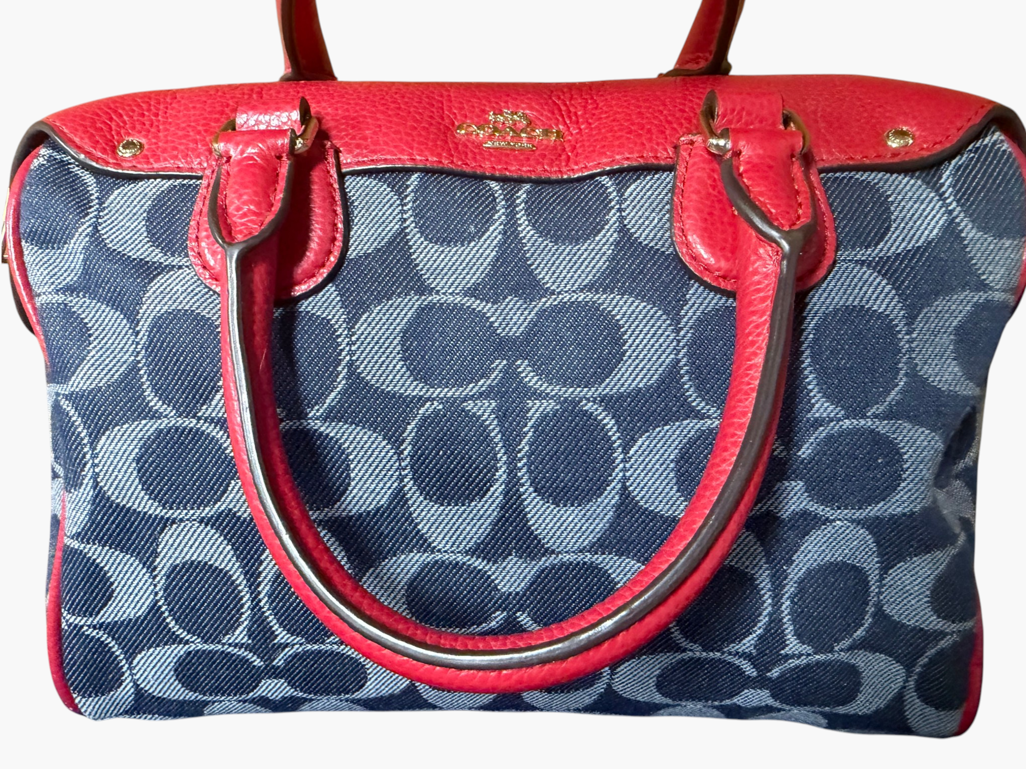 Coach Bennett Satchel in Signature Denim with Red Leather Trim