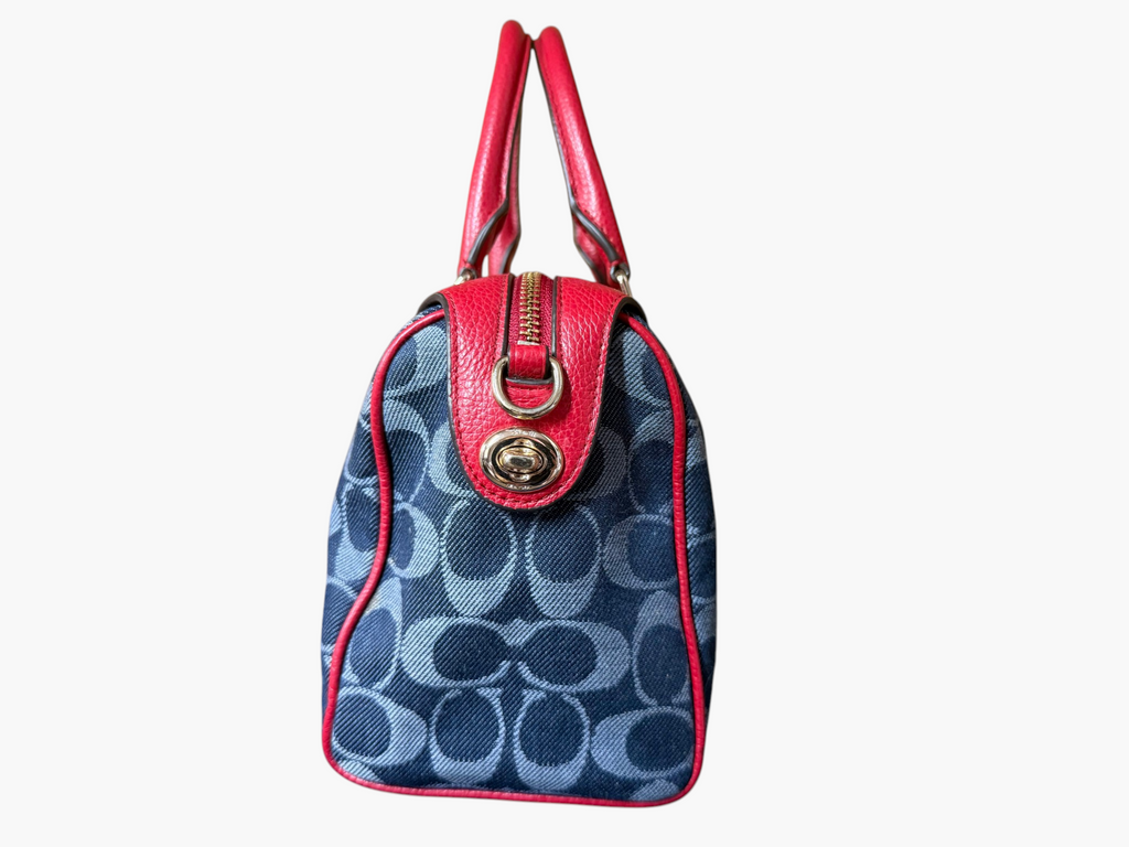 Coach Bennett Satchel in Signature Denim with Red Leather Trim