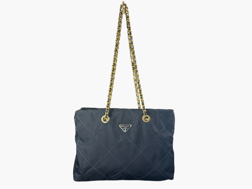 Prada Tessuto Impunturato Quilted Nylon Chain Tote in Dark Navy Blue