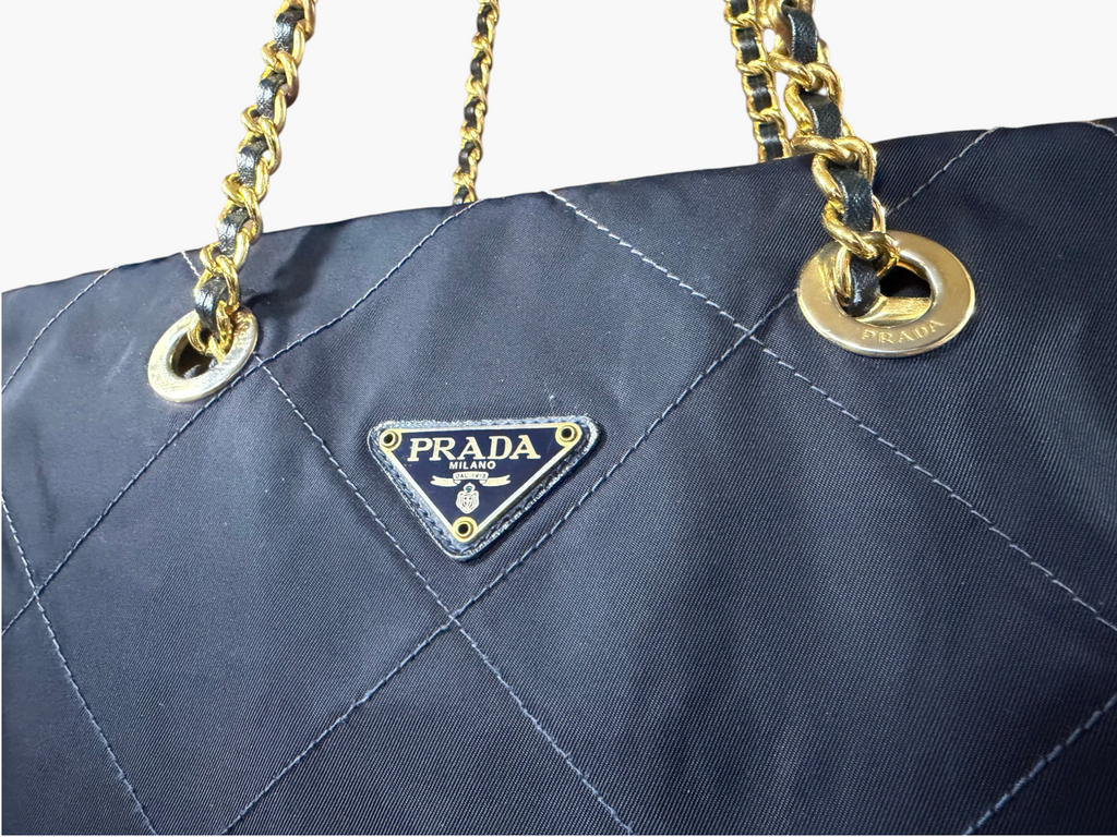 Prada Tessuto Impunturato Quilted Nylon Chain Tote in Dark Navy Blue
