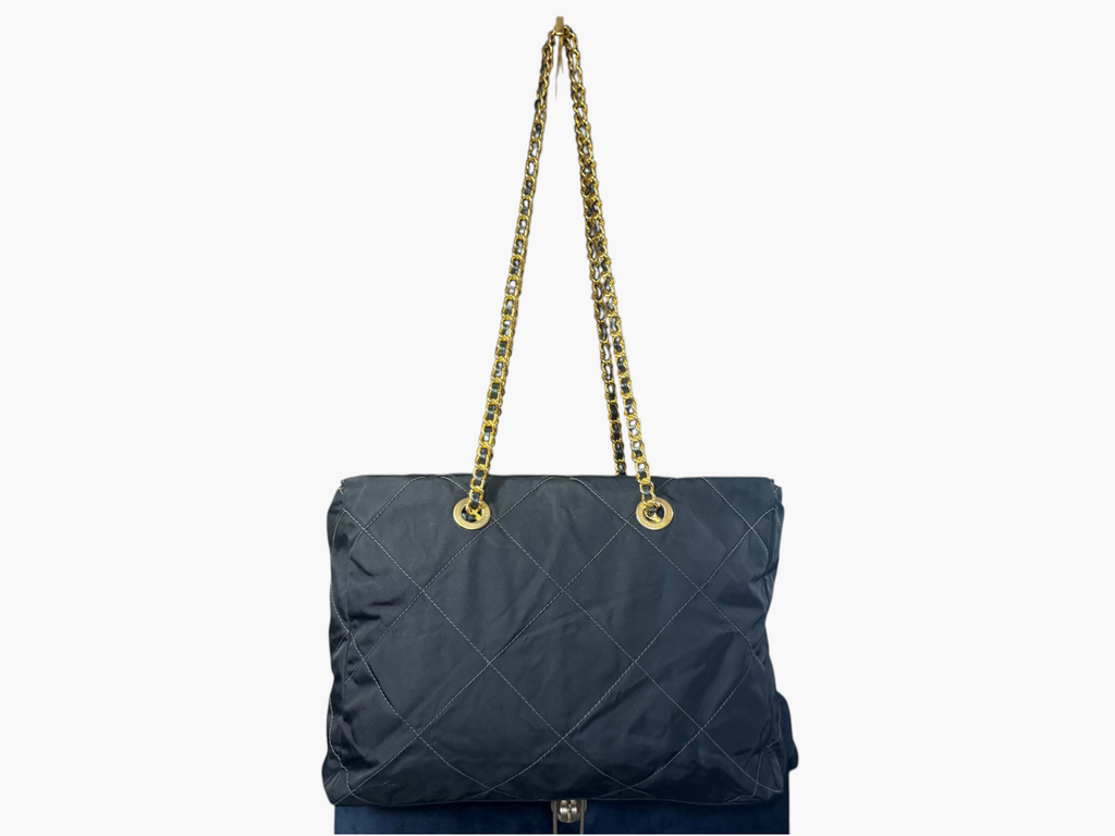 Prada Tessuto Impunturato Quilted Nylon Chain Tote in Dark Navy Blue
