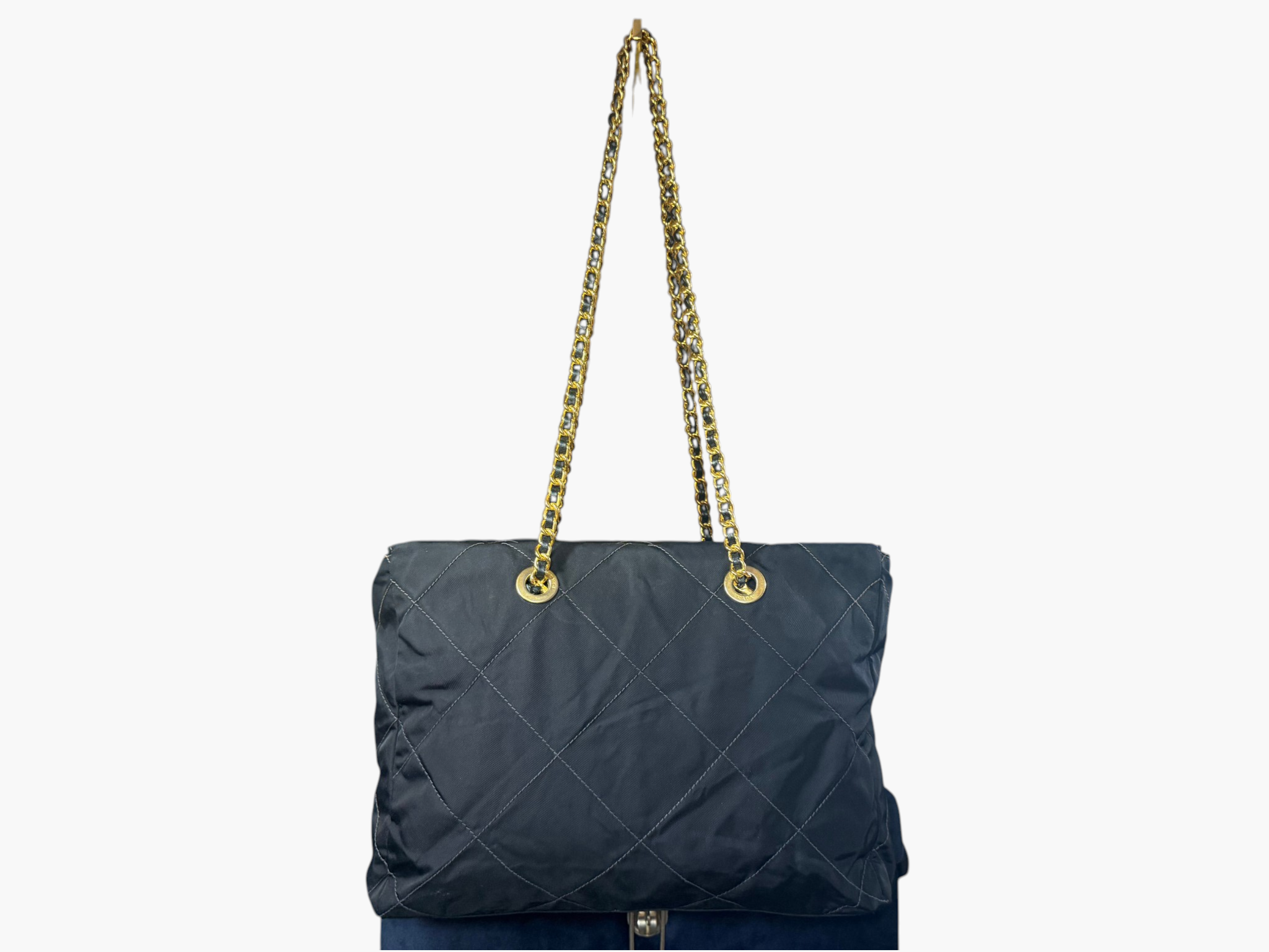 Prada Tessuto Impunturato Quilted Nylon Chain Tote in Dark Navy Blue