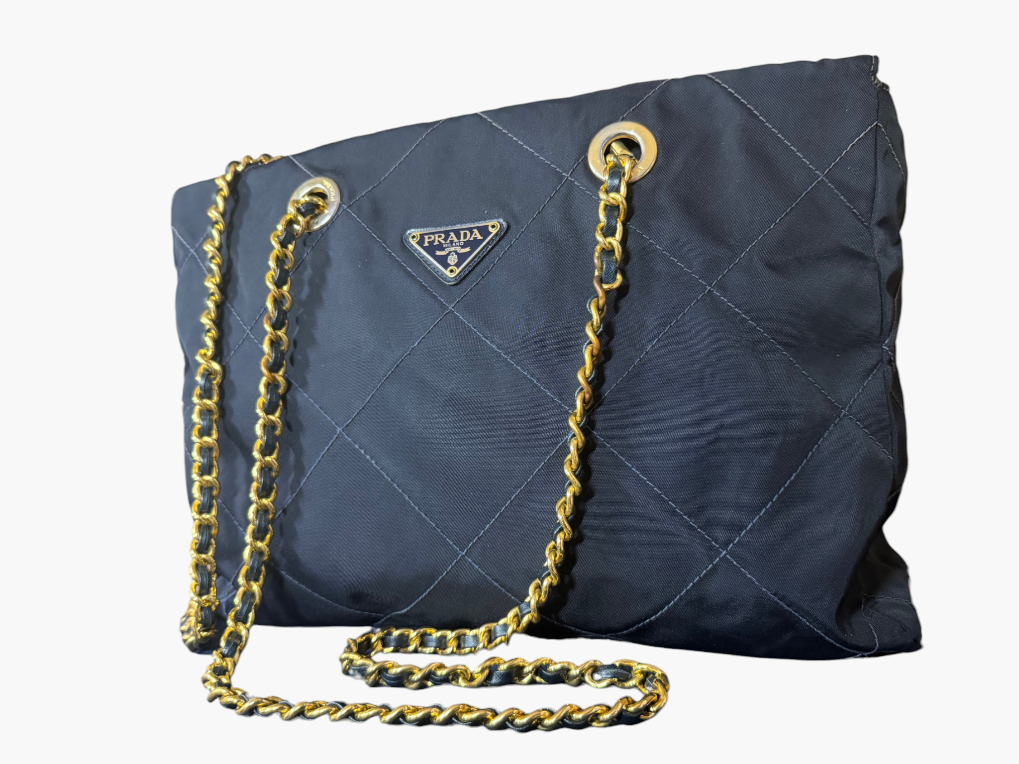 Prada Tessuto Impunturato Quilted Nylon Chain Tote in Dark Navy Blue