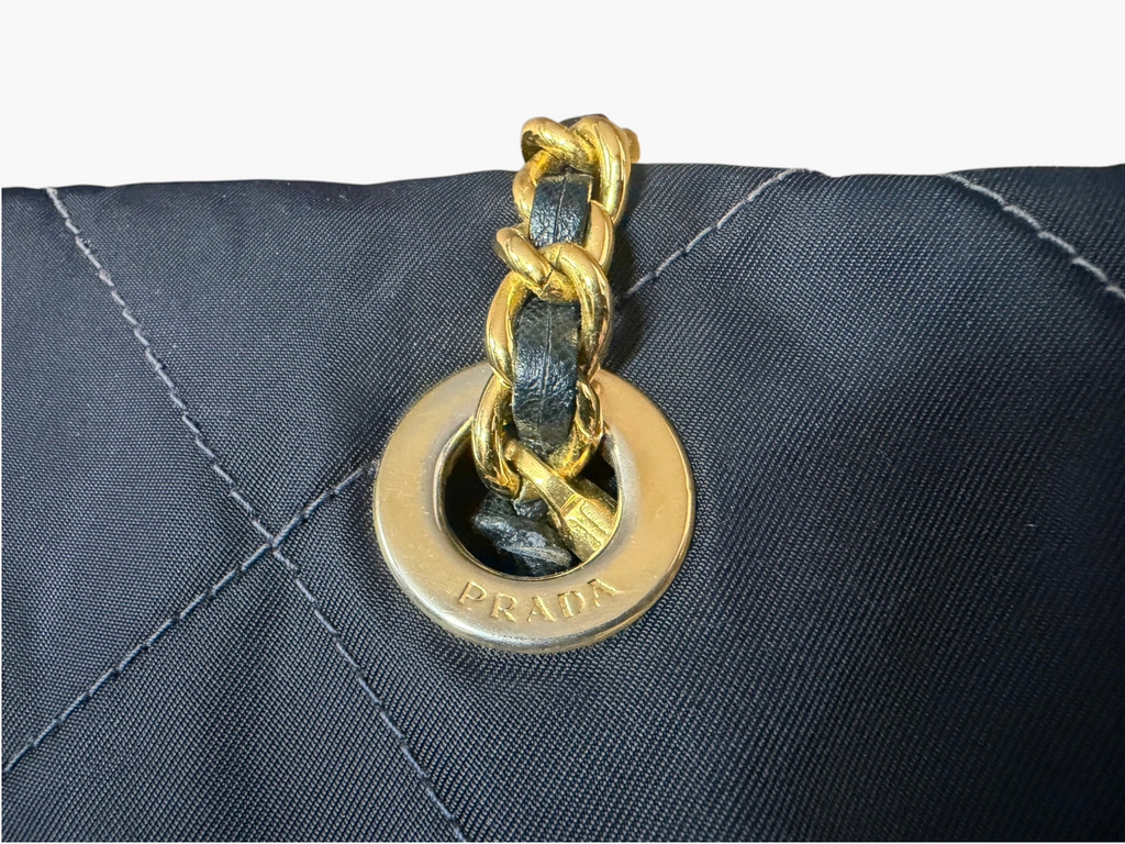 Prada Tessuto Impunturato Quilted Nylon Chain Tote in Dark Navy Blue