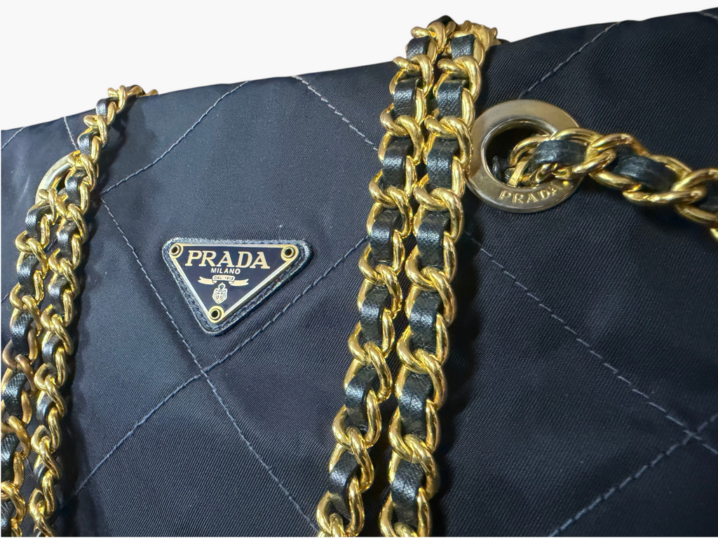 Prada Tessuto Impunturato Quilted Nylon Chain Tote in Dark Navy Blue