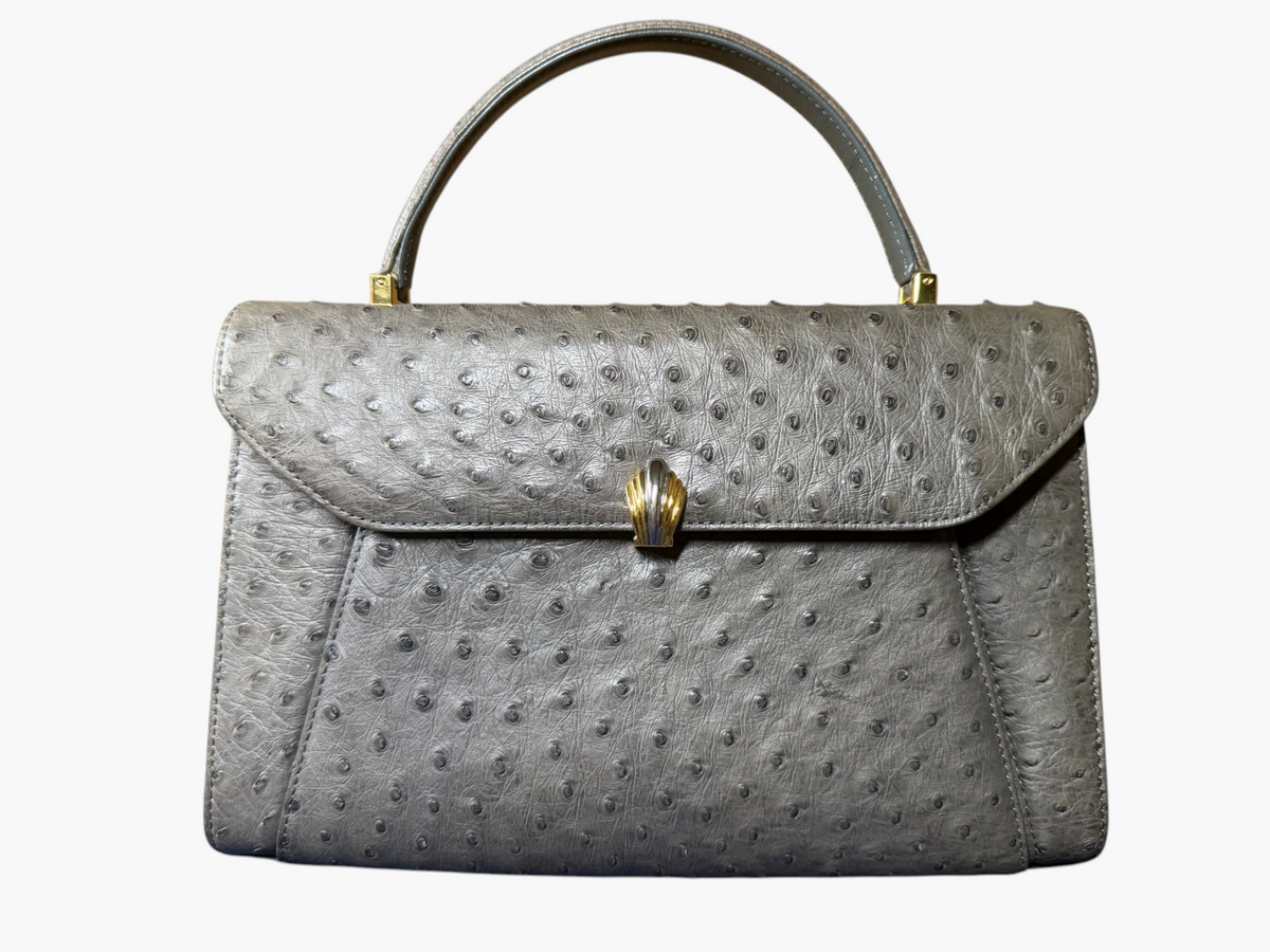 Wata-Ichi Grey Genuine Ostrich Leather Top Handle Bag