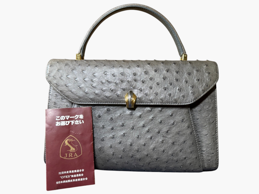 Wata-Ichi Grey Genuine Ostrich Leather Top Handle Bag