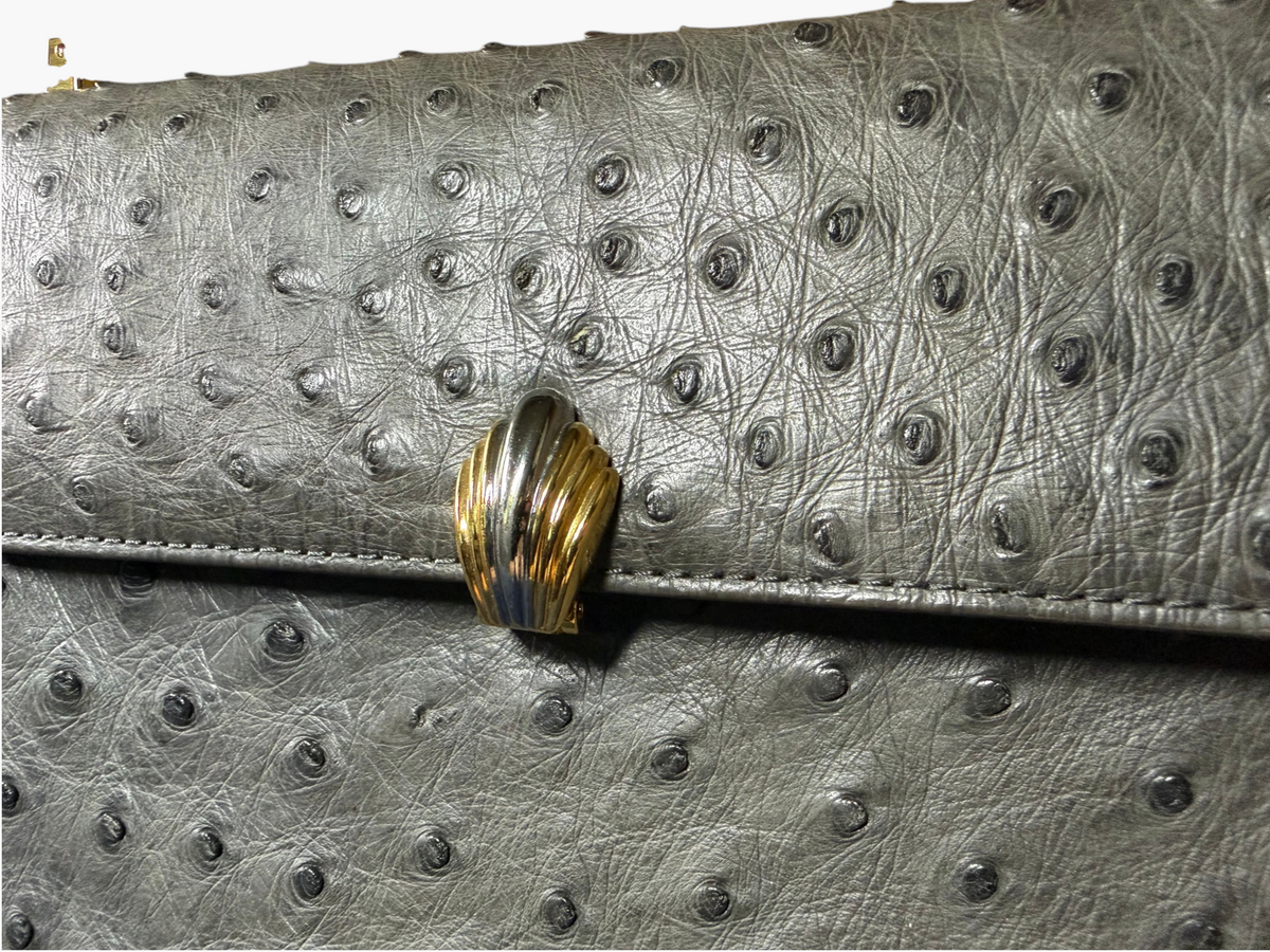 Wata-Ichi Grey Genuine Ostrich Leather Top Handle Bag