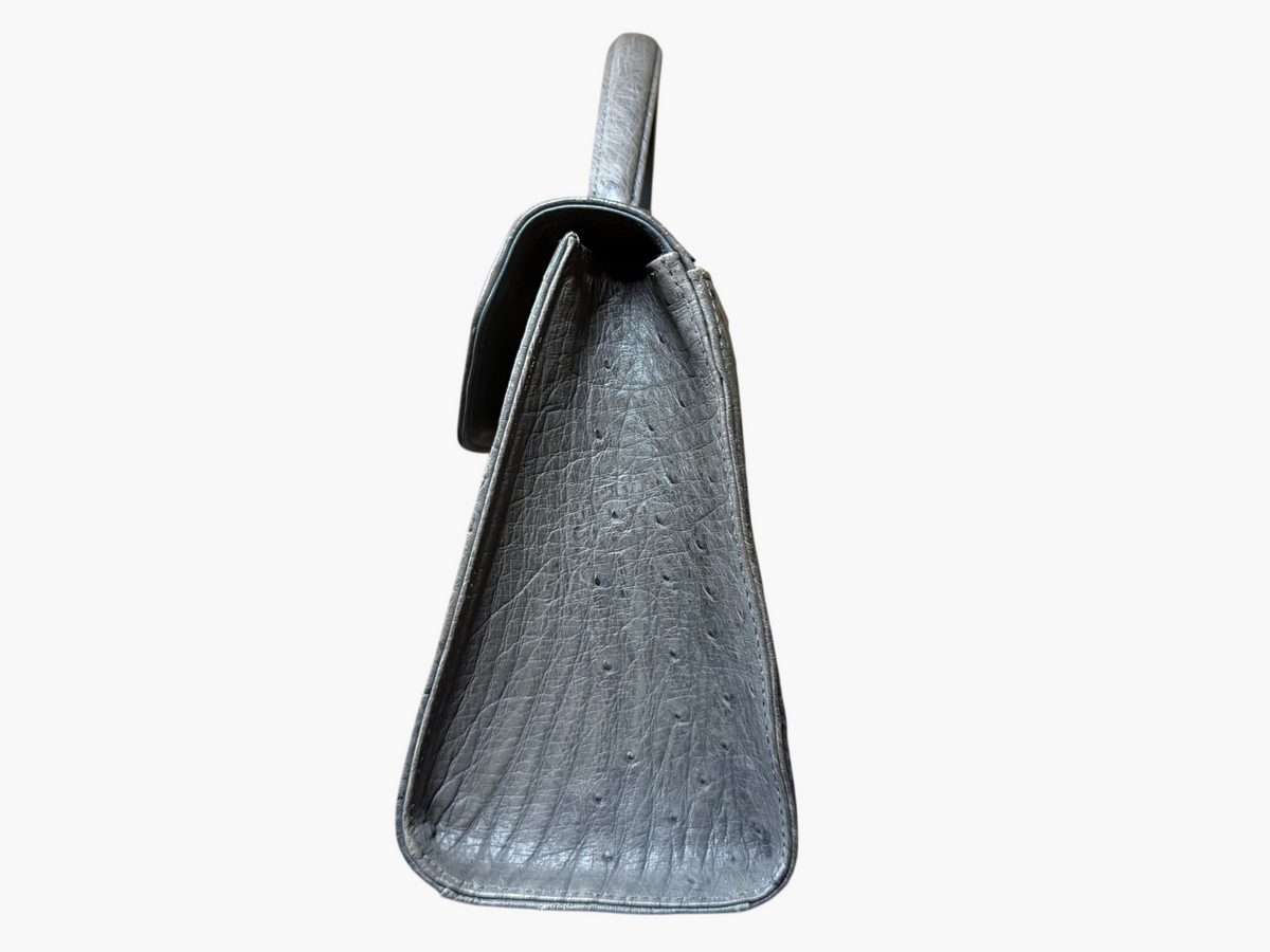 Wata-Ichi Grey Genuine Ostrich Leather Top Handle Bag