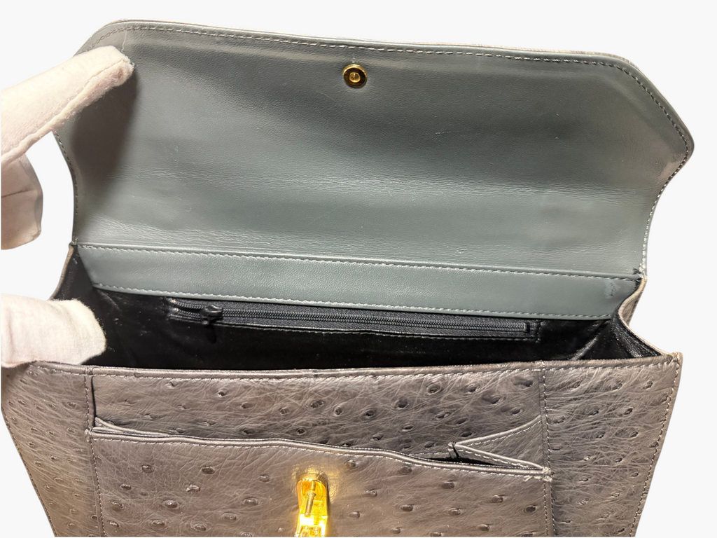 Wata-Ichi Grey Genuine Ostrich Leather Top Handle Bag