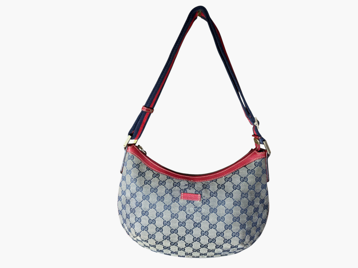 Vintage Gucci GG Crystal Canvas Red Trim Half Moon Shoulder Bag