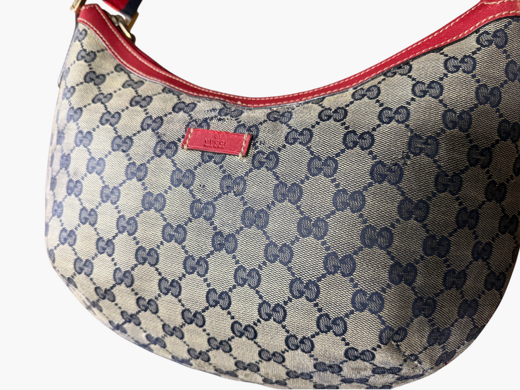 Vintage Gucci GG Crystal Canvas Red Trim Half Moon Shoulder Bag