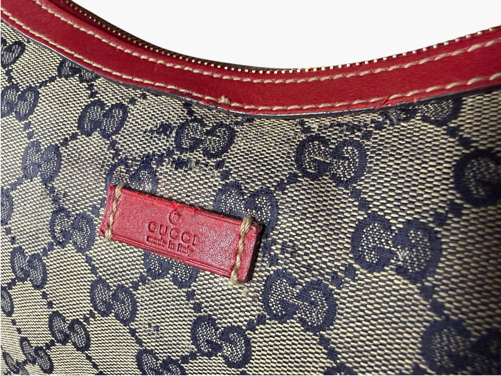Vintage Gucci GG Crystal Canvas Red Trim Half Moon Shoulder Bag