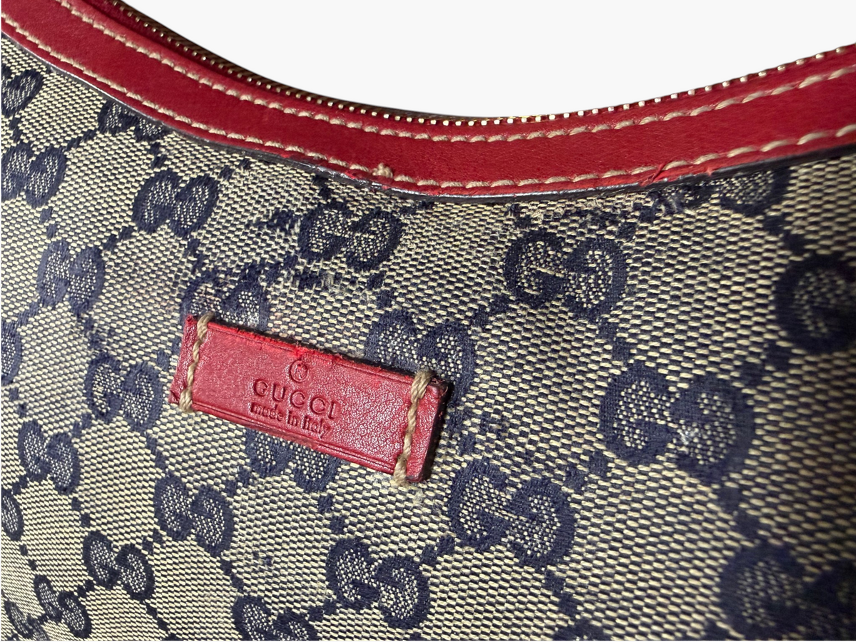 Vintage Gucci GG Crystal Canvas Red Trim Half Moon Shoulder Bag