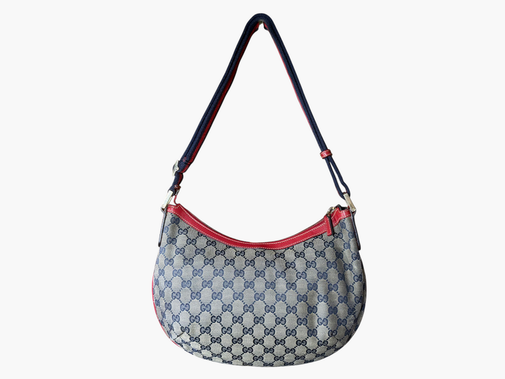 Vintage Gucci GG Crystal Canvas Red Trim Half Moon Shoulder Bag