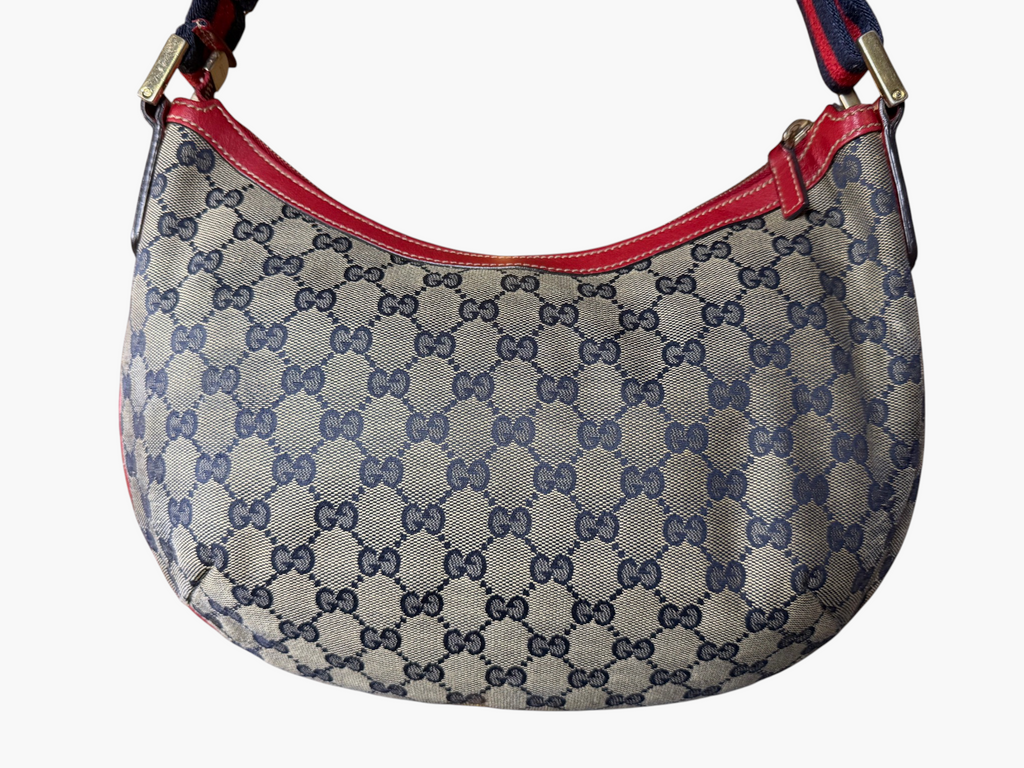 Vintage Gucci GG Crystal Canvas Red Trim Half Moon Shoulder Bag