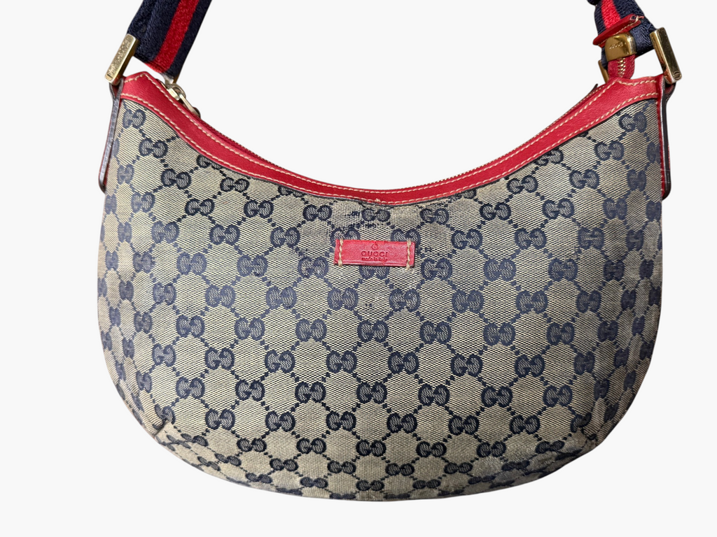 Vintage Gucci GG Crystal Canvas Red Trim Half Moon Shoulder Bag