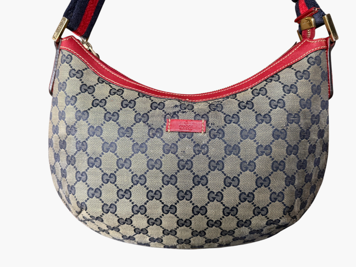 Vintage Gucci GG Crystal Canvas Red Trim Half Moon Shoulder Bag
