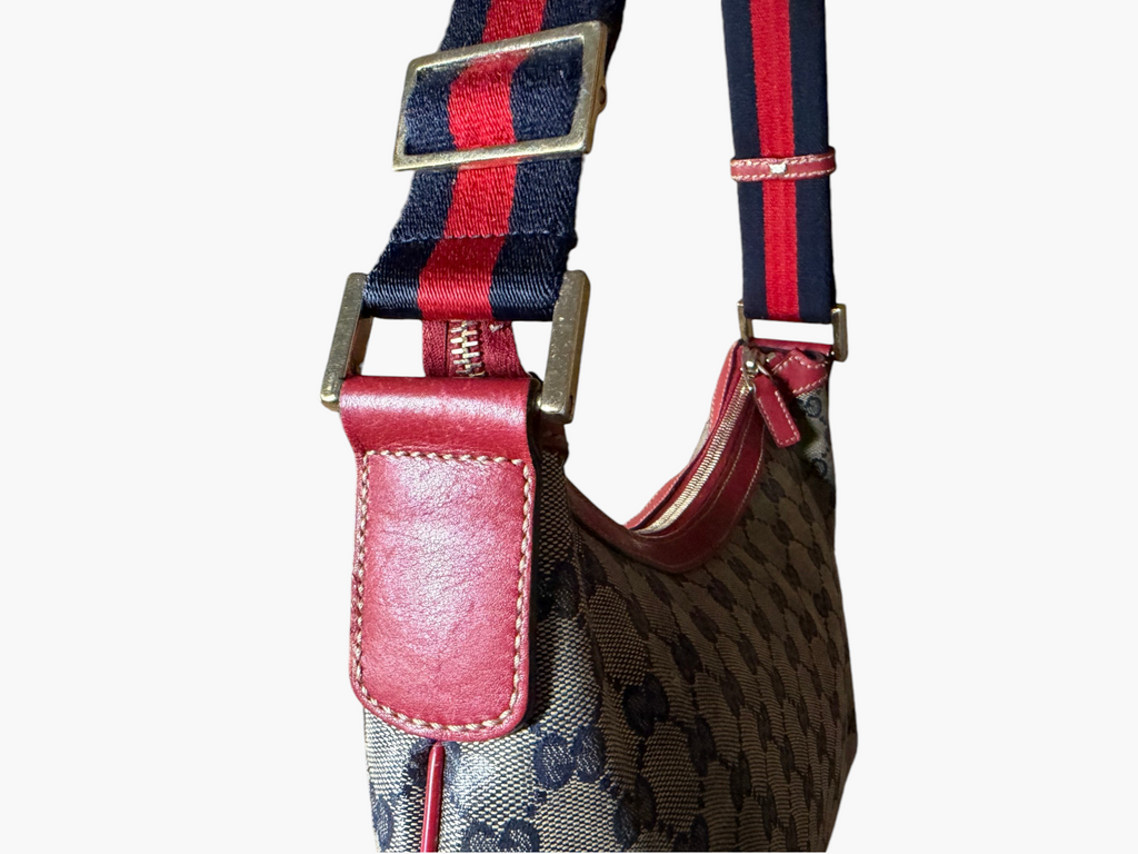 Vintage Gucci GG Crystal Canvas Red Trim Half Moon Shoulder Bag