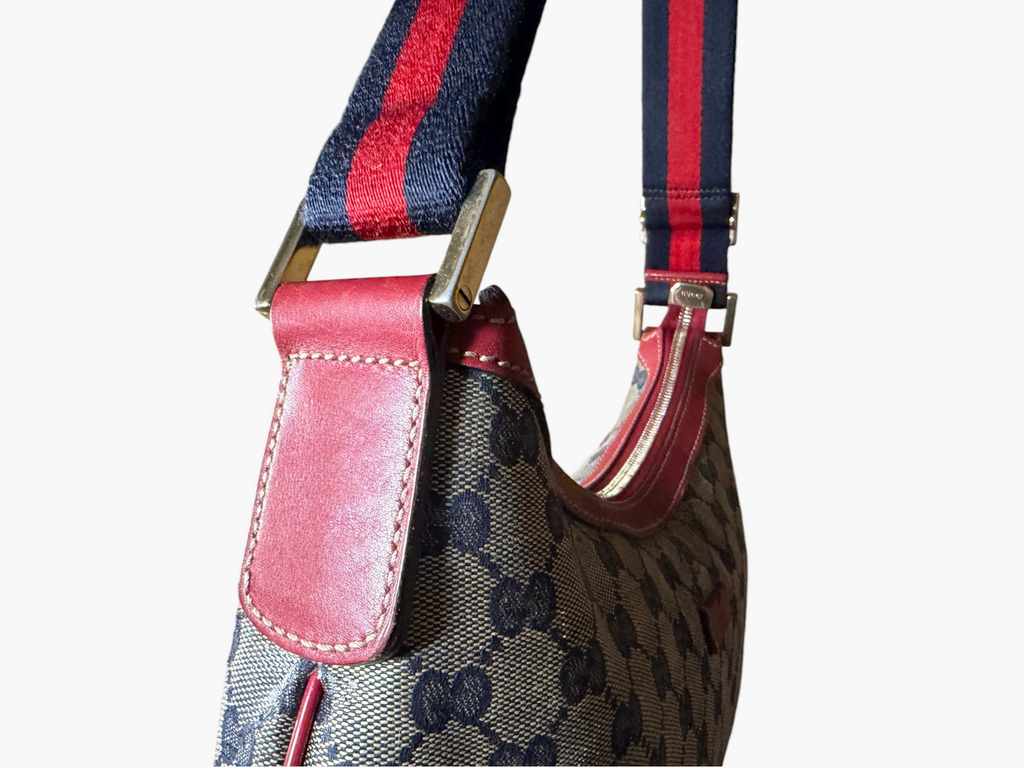 Vintage Gucci GG Crystal Canvas Red Trim Half Moon Shoulder Bag
