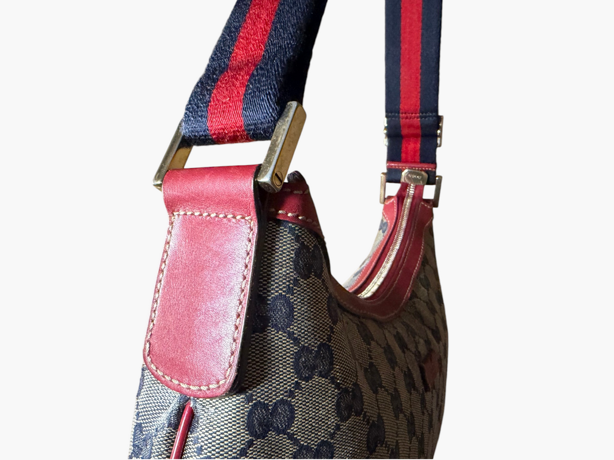 Vintage Gucci GG Crystal Canvas Red Trim Half Moon Shoulder Bag