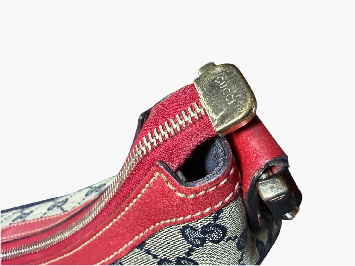 Vintage Gucci GG Crystal Canvas Red Trim Half Moon Shoulder Bag