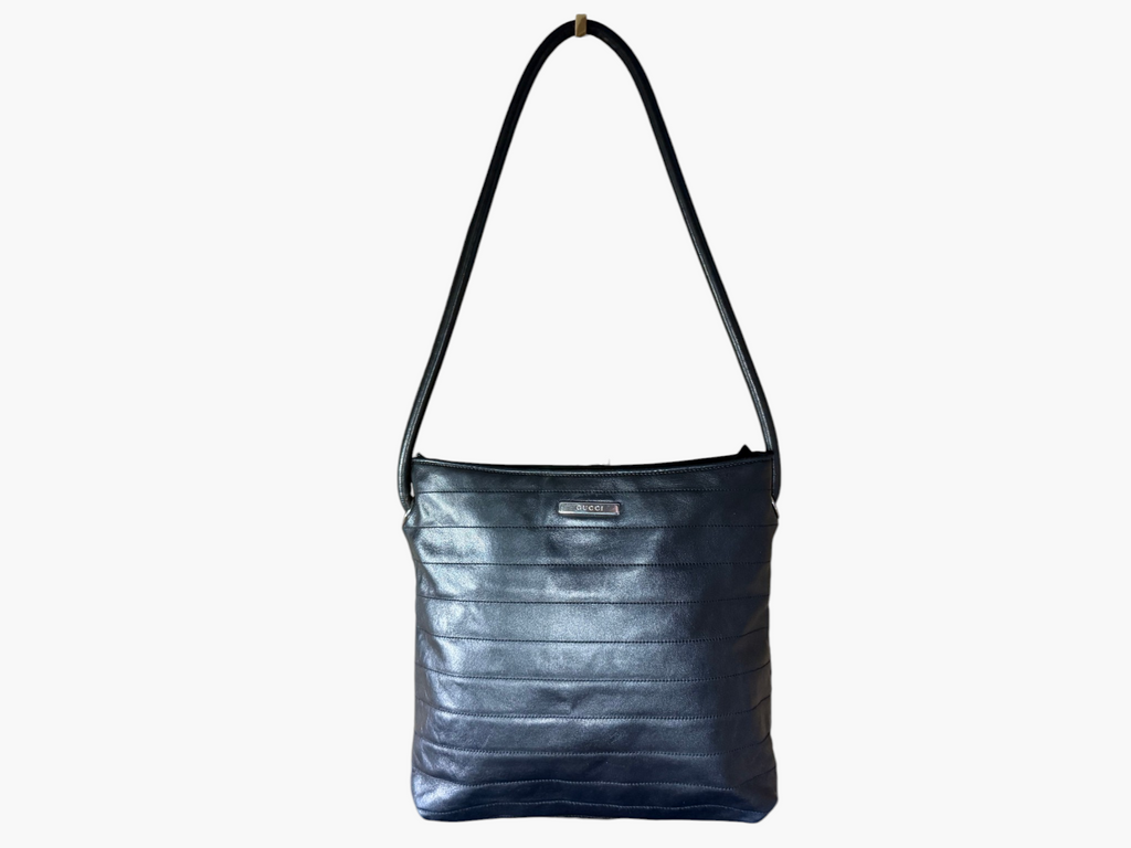 Vintage Gucci Black Ribbed Leather Tom Ford Era Shoulder Bag
