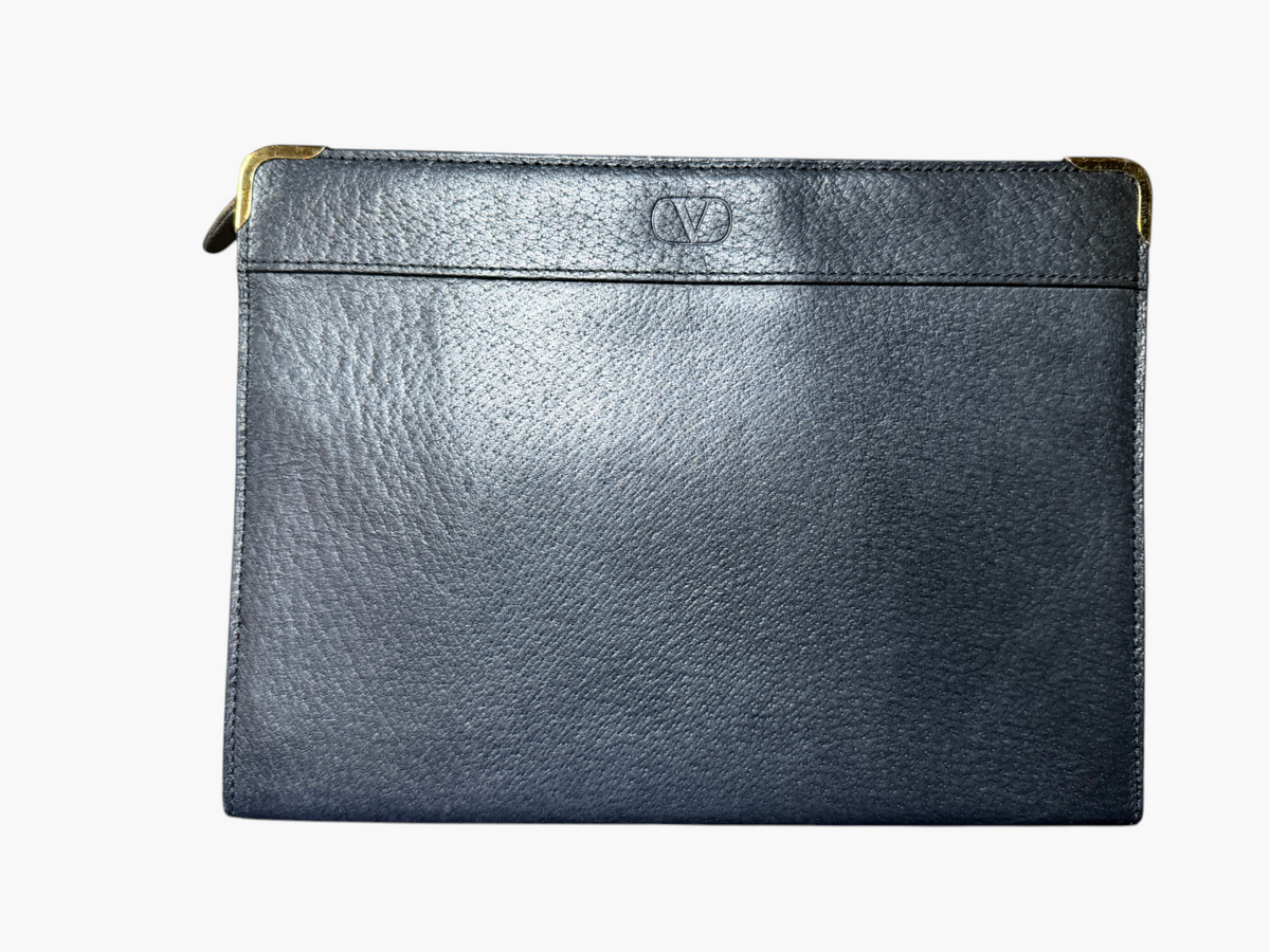 Vintage Valentino Garavani Black Leather Zip Clutch