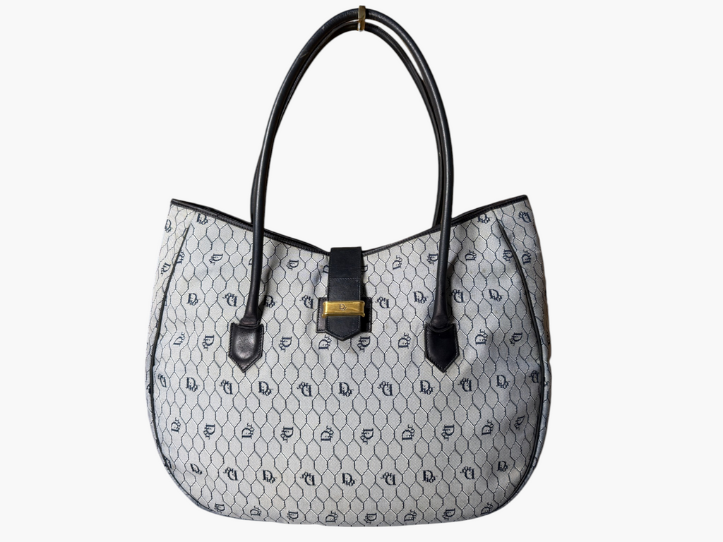 Vintage Christian Dior Street Chic BLUE Honeycomb Canvas Hobo Tote - Ultra Rare