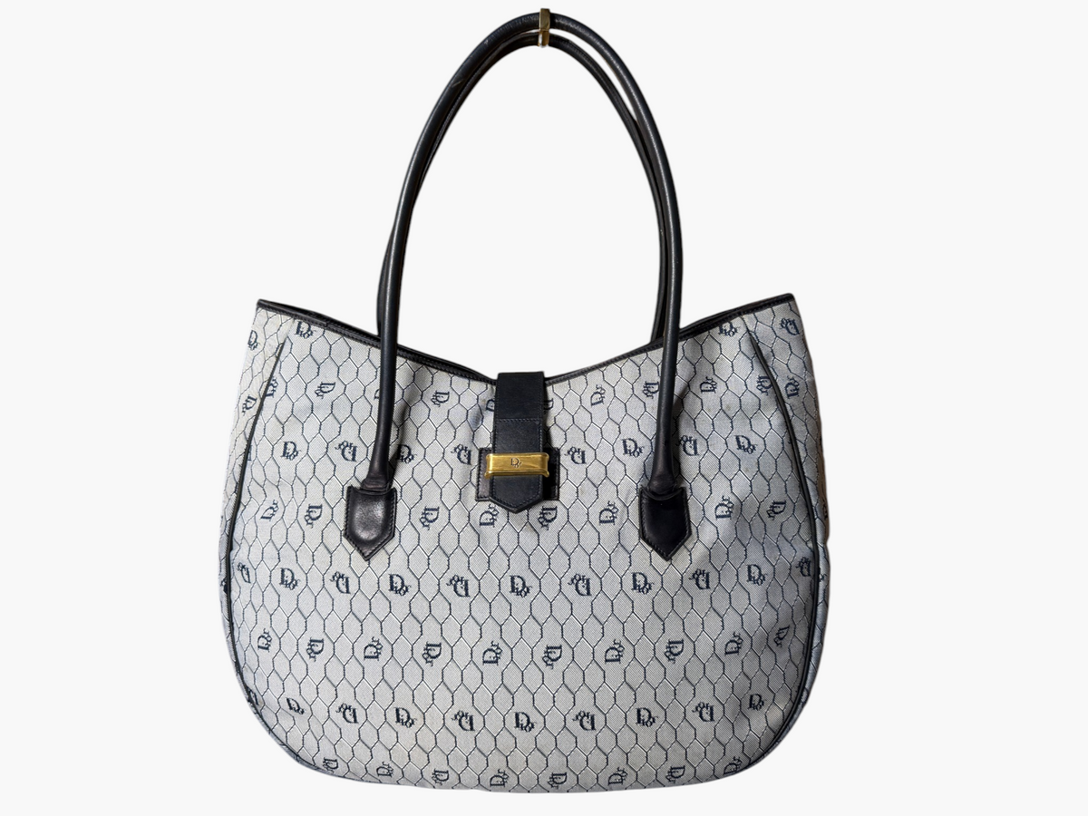 Vintage Christian Dior Street Chic BLUE Honeycomb Canvas Hobo Tote - Ultra Rare
