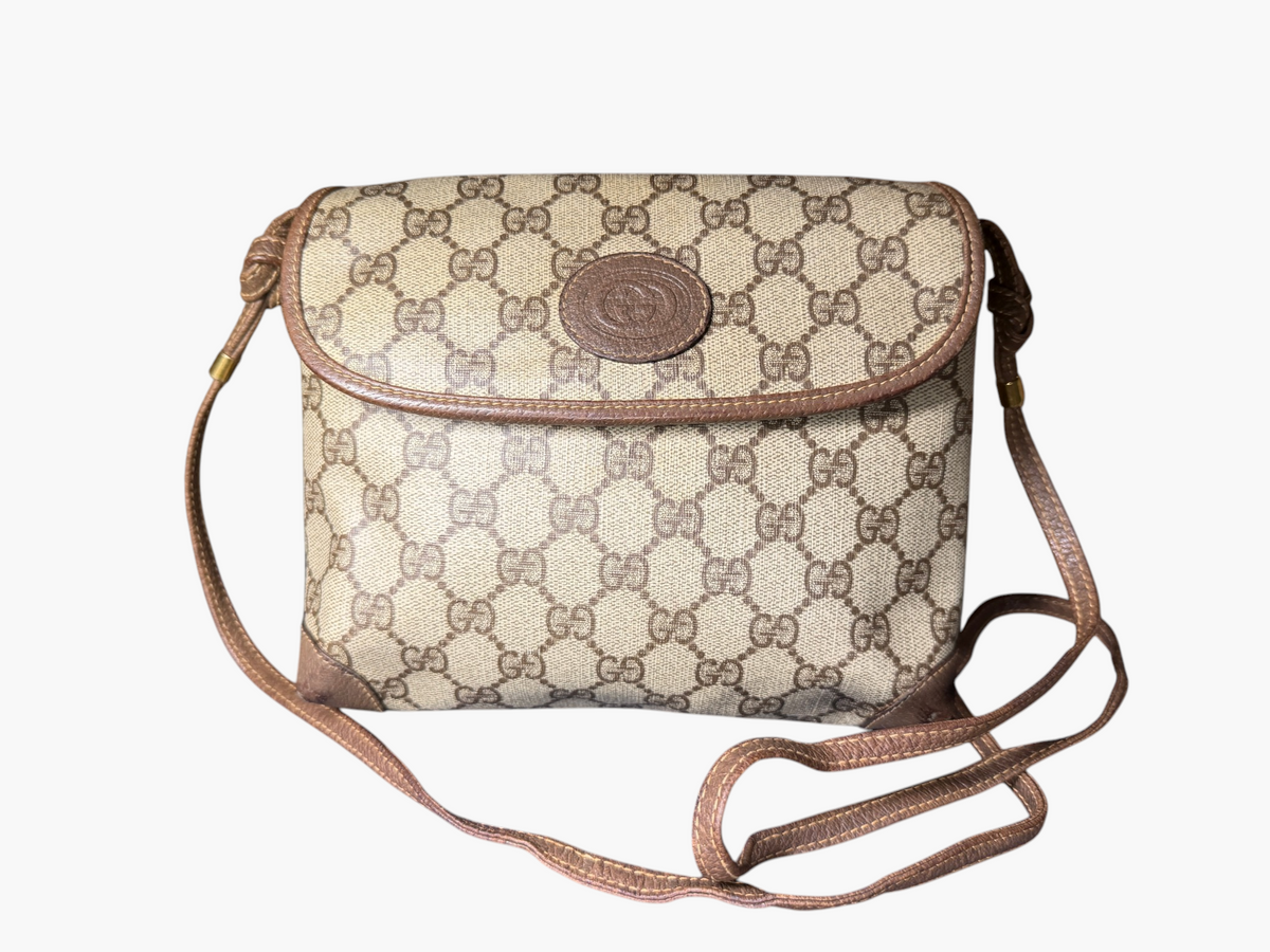 Vintage Gucci GG Canvas Flap Crossbody Bag Circa 1981–1982 with Leather Lining