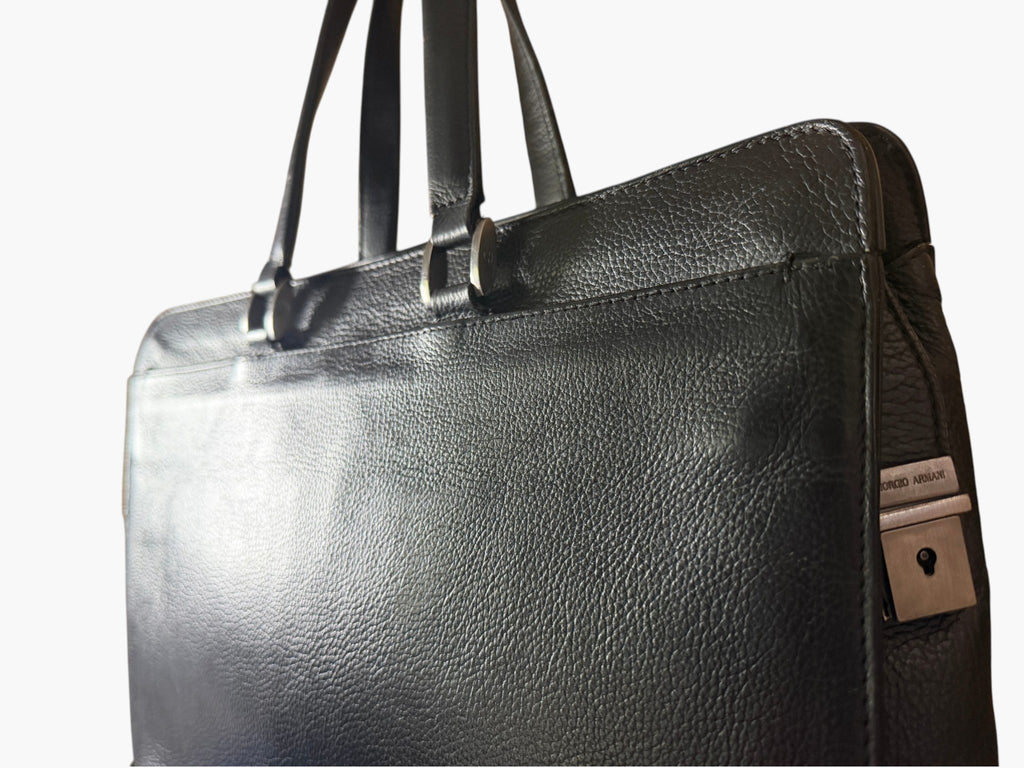 Vintage Giorgio Armani Borgonuovo 21 Mainline Black Pebbled Leather Briefcase