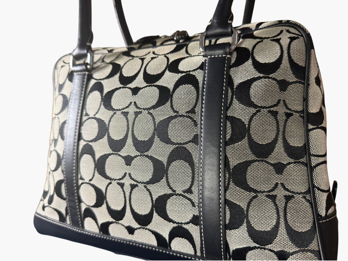 Vintage Coach Signature Monogram Canvas and Black Leather Satchel