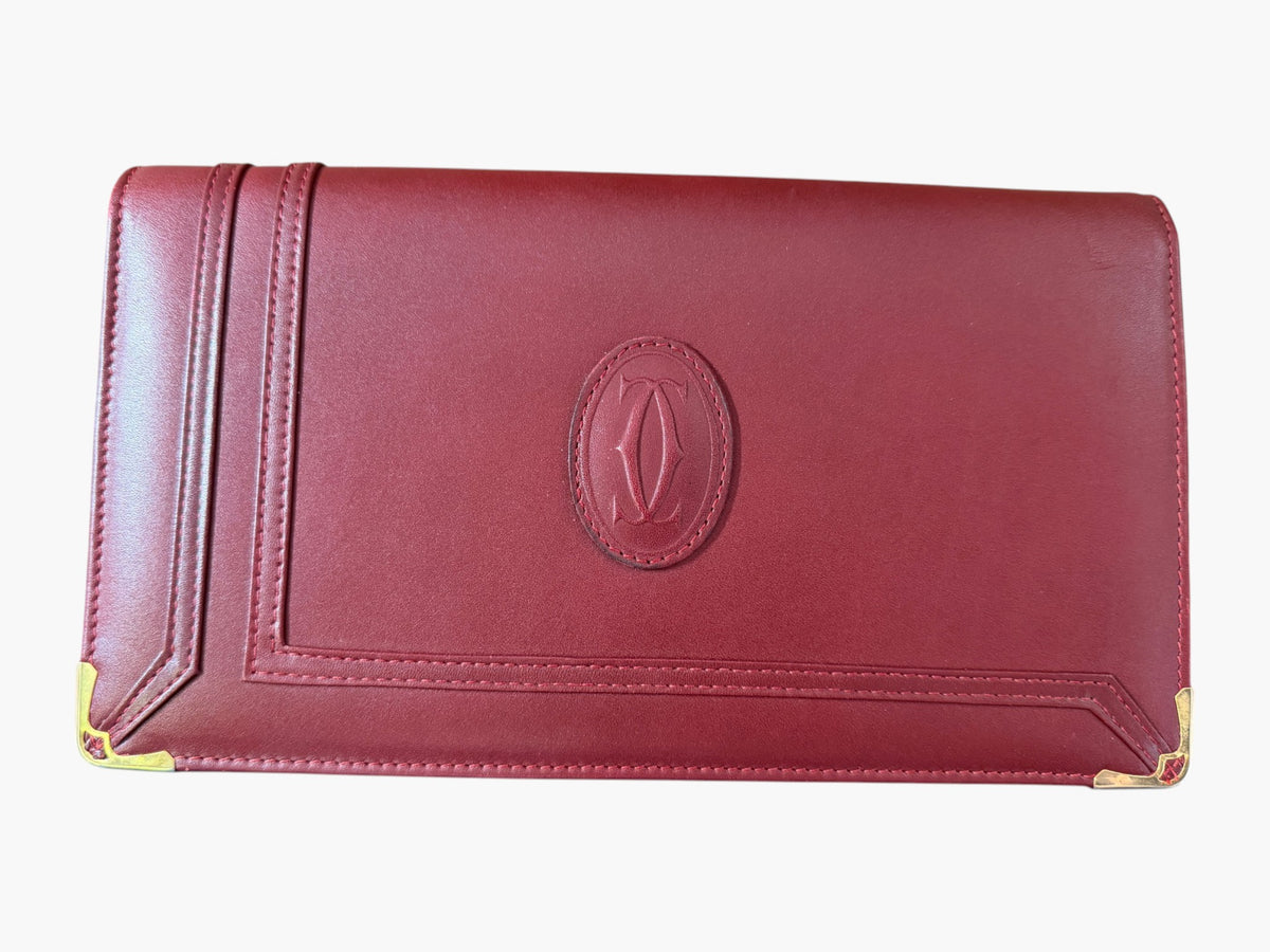 Vintage Cartier Must de Cartier burgundy leather clutch, front view